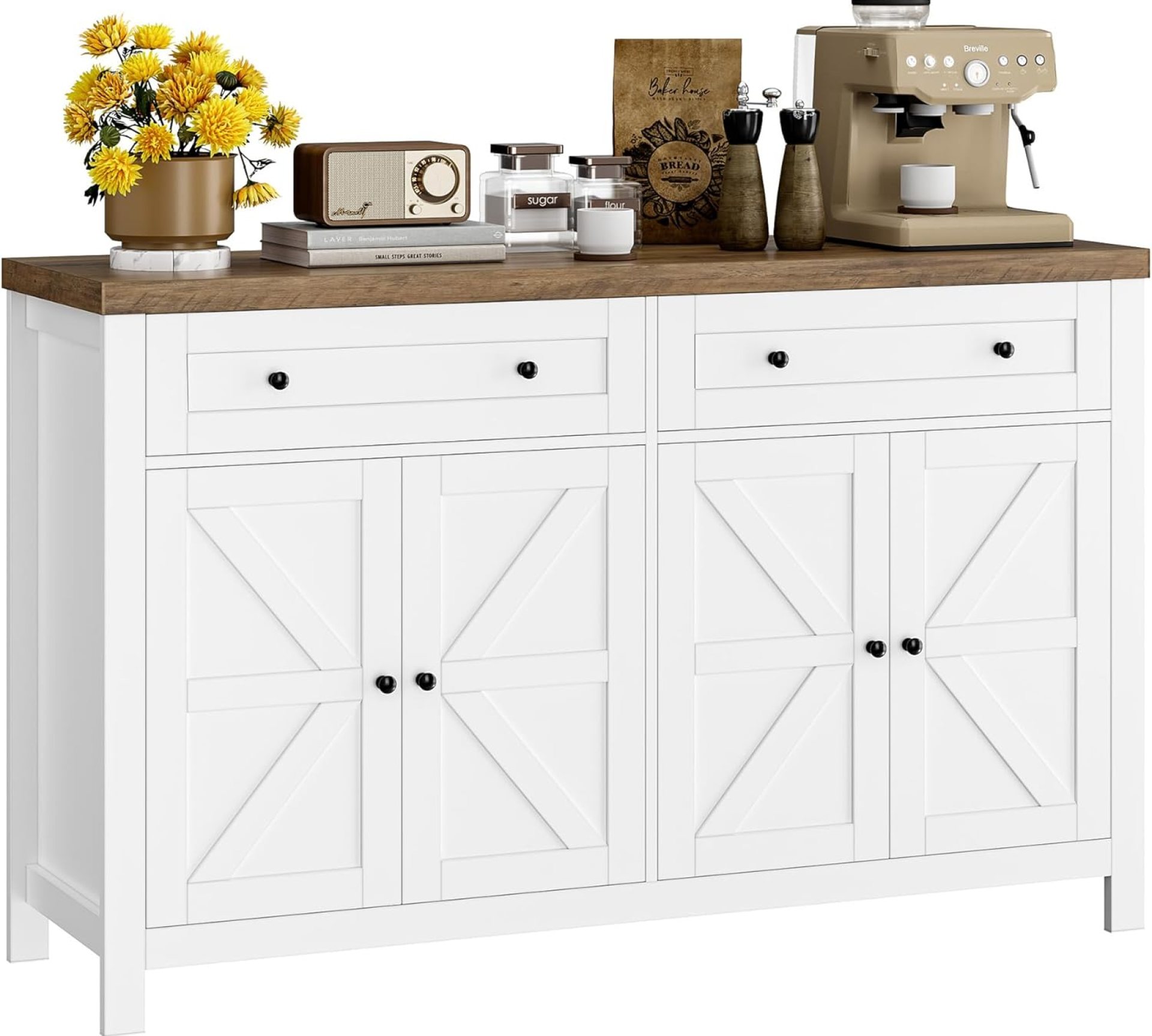 HOSTACK 55″ Buffet Sideboard Cabinet with Storage, Modern Farmhouse Coffee Bar Cabinet with Drawers and Shelves, Barn Doors Storage Cabinet for Kitchen, Living Room, White HOSTACK 55″ Buffet Sideboard Cabinet with Storage, Modern Farmhouse Coffee Bar Cabinet with Drawers and Shelves, Barn Doors Storage Cabinet for Kitchen, Living Room, White