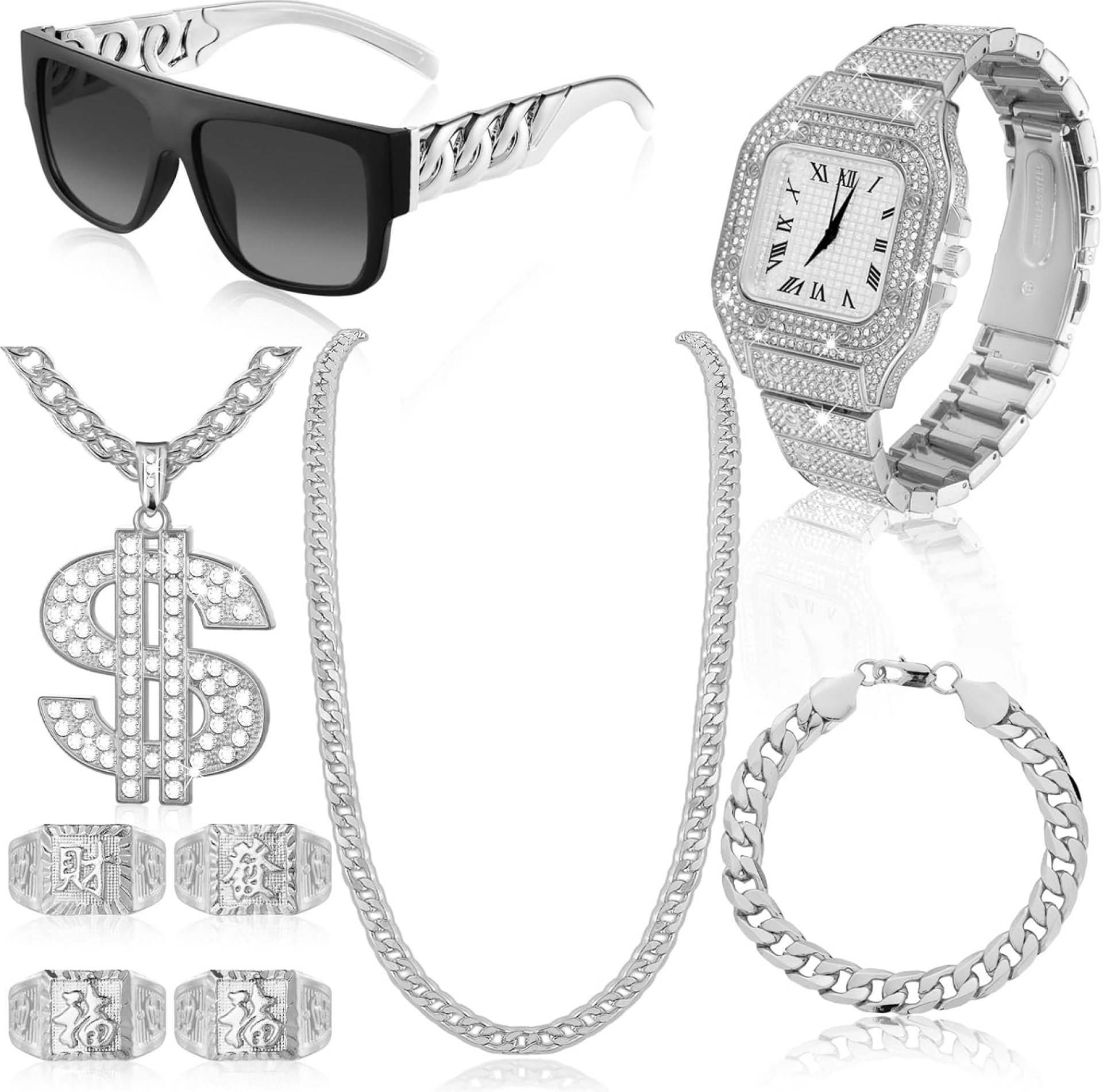 9 Pcs Hip Hop Jewelry Set Dollar Sign Pendant Necklace Bracelet Diamond Watch Punk Sunglasses Lucky Rings for Men 9 Pcs Hip Hop Jewelry Set Dollar Sign Pendant Necklace Bracelet Diamond Watch Punk Sunglasses Lucky Rings for Men