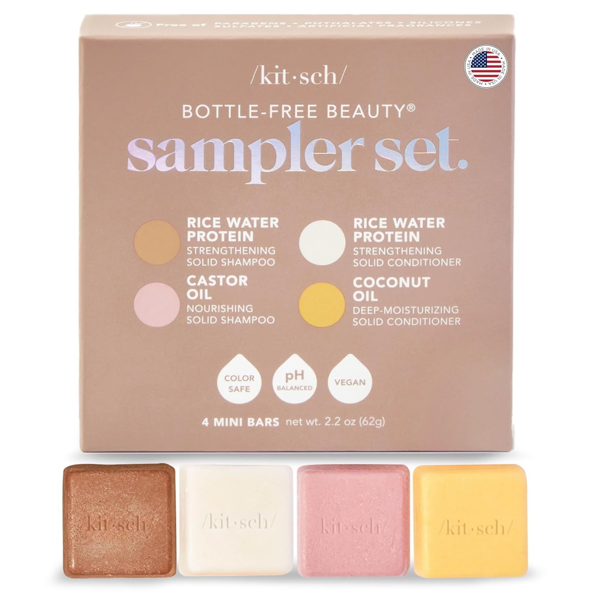 Kitsch 4pc Sampler Solid Shampoo and Conditioner Set – Rice Bar & Castor Oil Shampoo and Rice Bar & Coconut Oil Deep-Moisturizing Hair Conditioner, Zero Waste Kitsch 4pc Sampler Solid Shampoo and Conditioner Set – Rice Bar & Castor Oil Shampoo and Rice Bar & Coconut Oil Deep-Moisturizing Hair Conditioner, Zero Waste