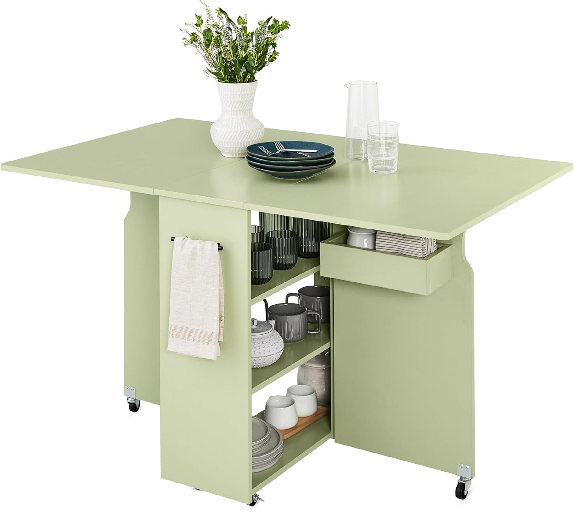 Best Choice Products Folding Dining Table, Multipurpose Space Saving Collapsible Drop Leaf Extension Desk w/Wheels, 3 Storage Shelves – Sage Green Best Choice Products Folding Dining Table, Multipurpose Space Saving Collapsible Drop Leaf Extension Desk w/Wheels, 3 Storage Shelves – Sage Green