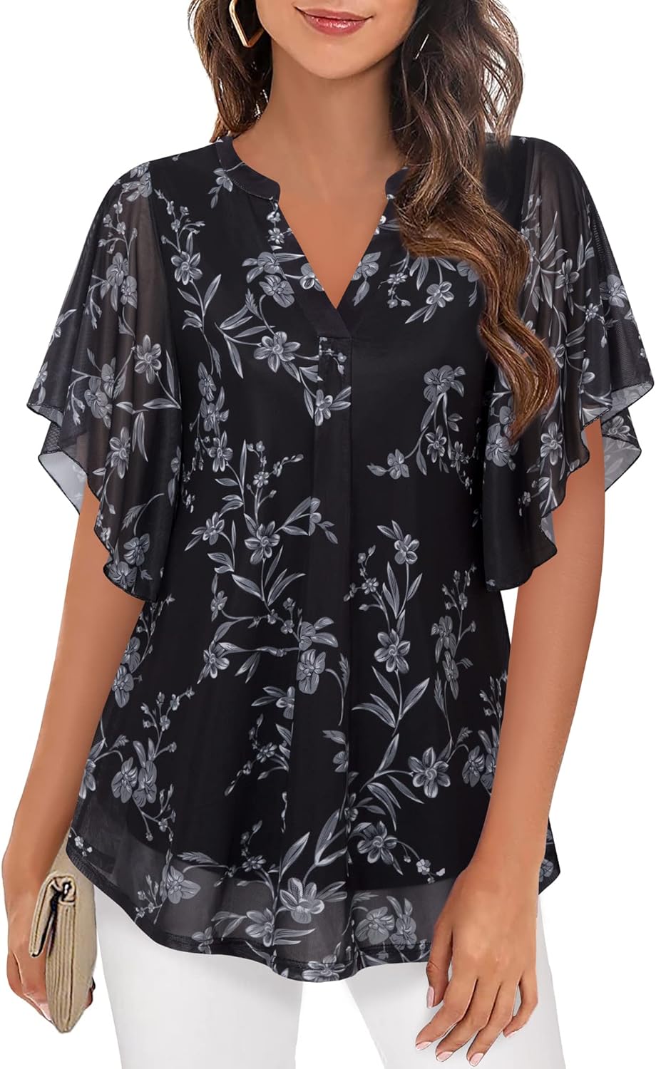 Timeson Women’s Short Sleeve V Neck Blouses Shirts Floral Double Layers Mesh Tunics Tops Timeson Women’s Short Sleeve V Neck Blouses Shirts Floral Double Layers Mesh Tunics Tops