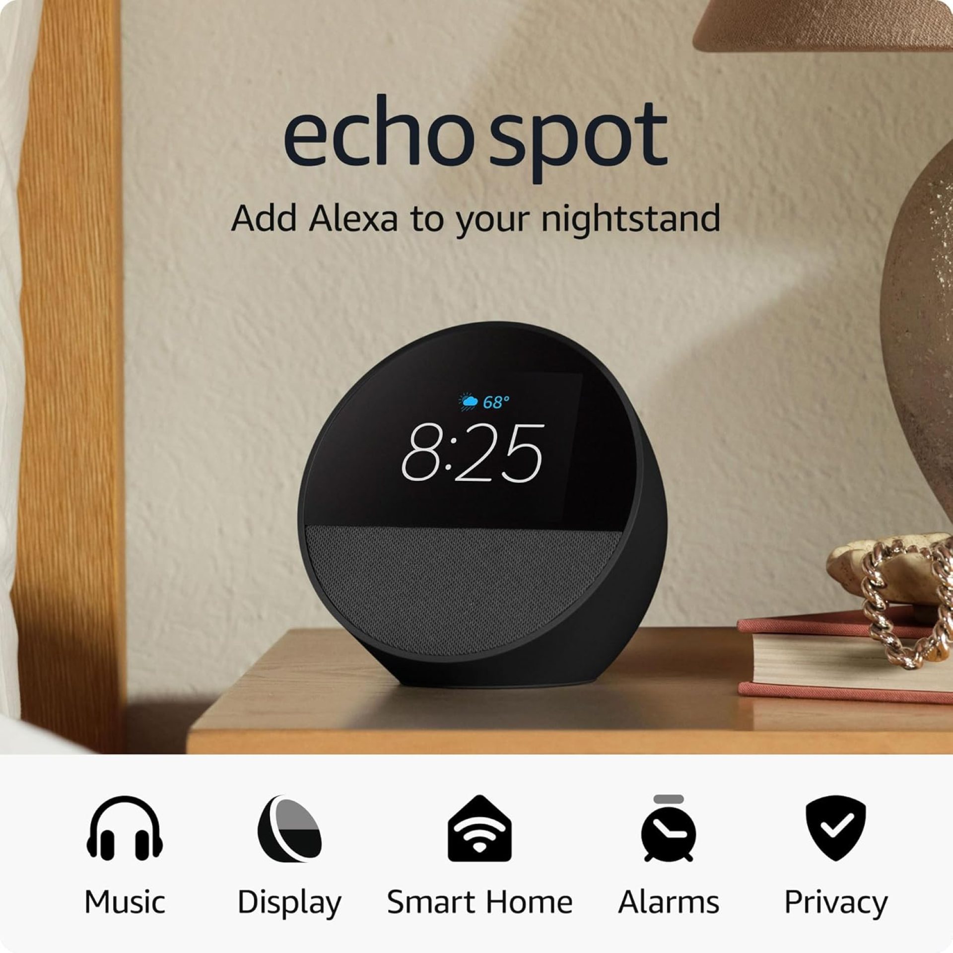 Amazon Echo Spot (newest model), Great for nightstands, offices and kitchens, Smart alarm clock with Alexa, Black Amazon Echo Spot (newest model), Great for nightstands, offices and kitchens, Smart alarm clock with Alexa, Black