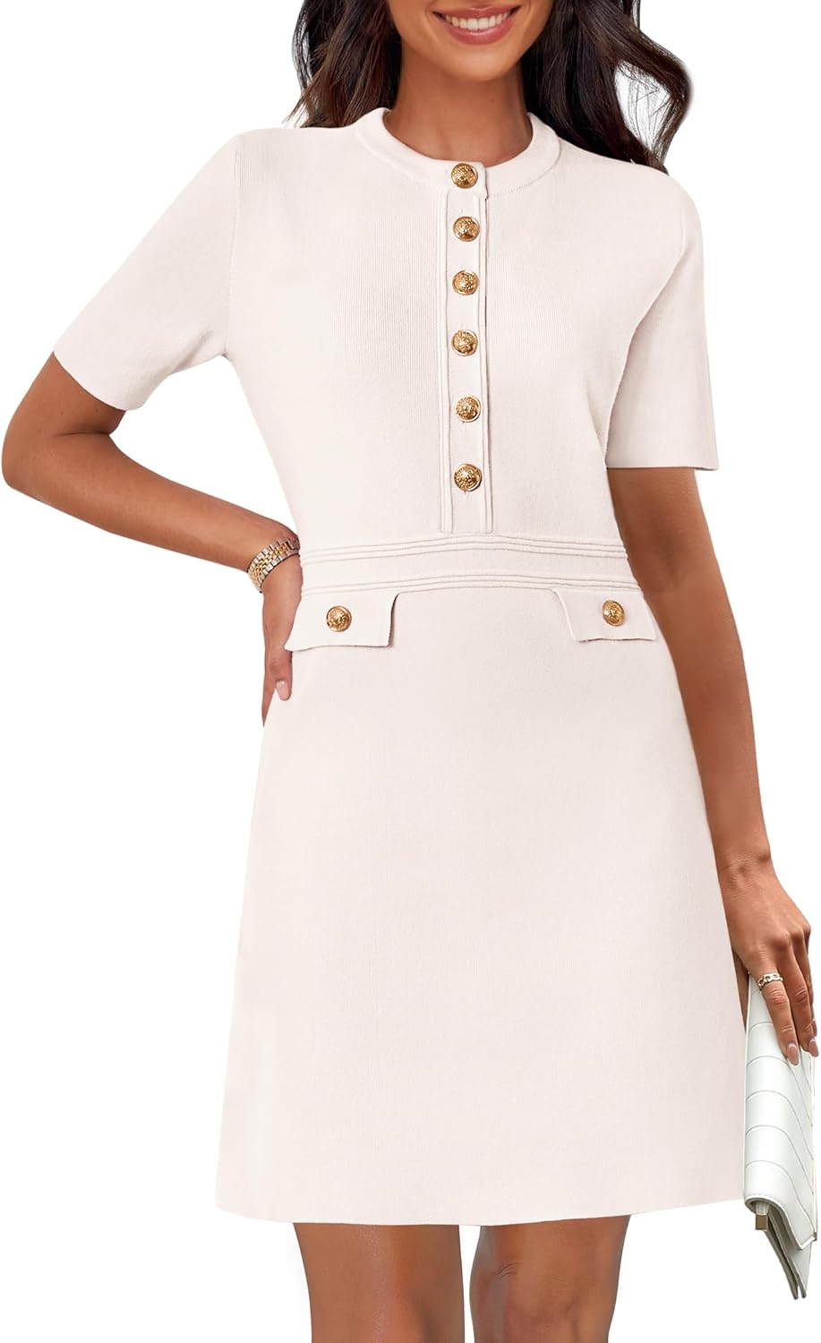 MEROKEETY Women’s Knit Bodycon Sweater Dress Button Short Sleeve Crew Neck Elegant Formal Mini Dress MEROKEETY Women’s Knit Bodycon Sweater Dress Button Short Sleeve Crew Neck Elegant Formal Mini Dress