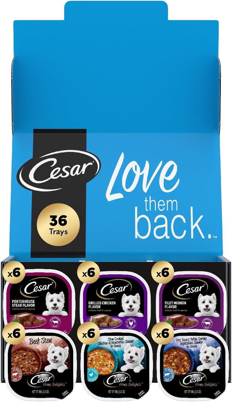 CESAR Adult Wet Dog Food HOME DELIGHTS & Classic Loaf in Sauce Variety Pack, 3.5 oz. Easy Peel Trays, 36 Count CESAR Adult Wet Dog Food HOME DELIGHTS & Classic Loaf in Sauce Variety Pack, 3.5 oz. Easy Peel Trays, 36 Count