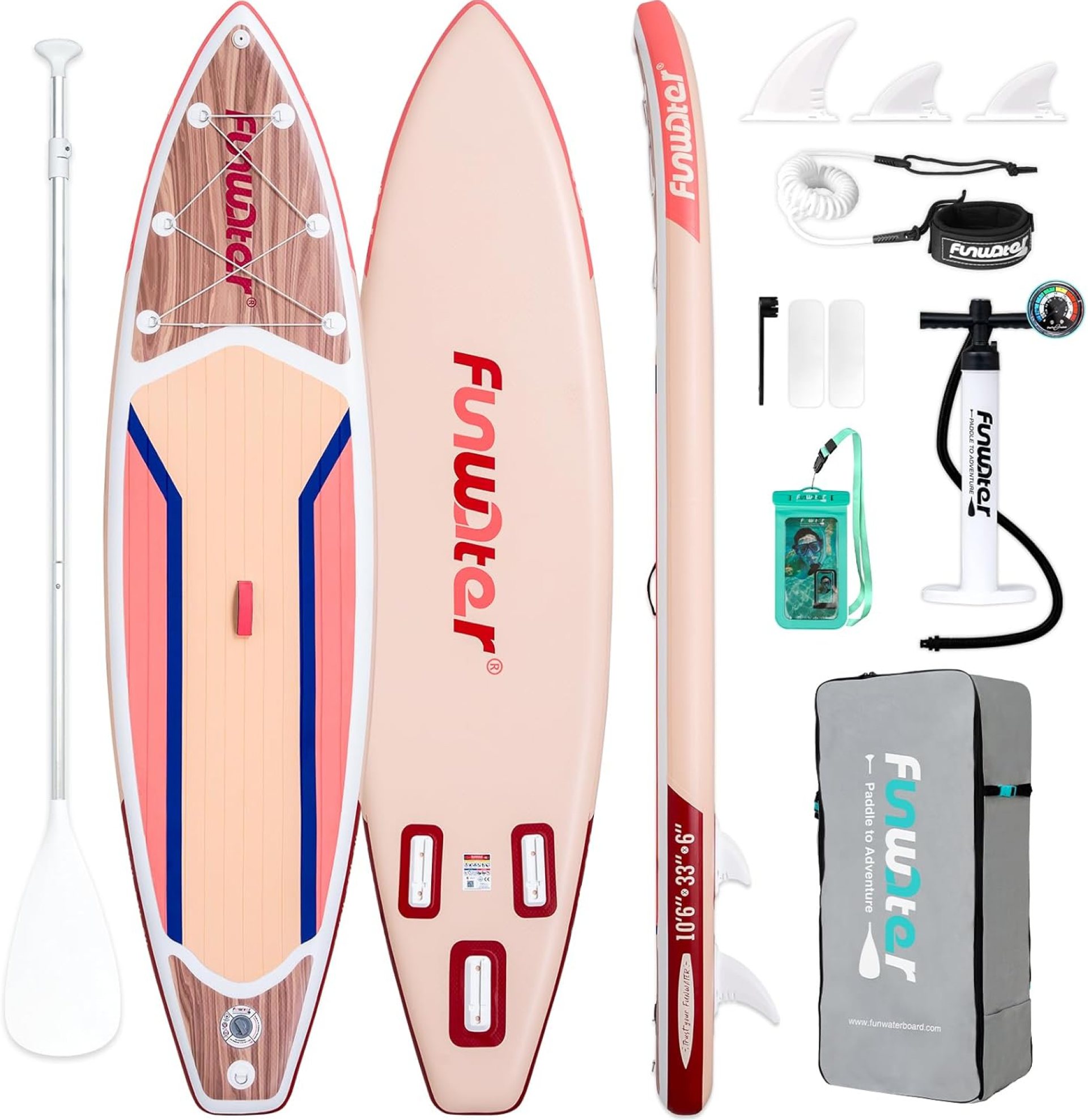 FunWater 10’6×33″×6″ Inflatable Stand Up Paddle Board with Premium SUP Paddleboard Accessories,Adults & Youth for All Skill Levels, Included with Board, Paddle, Pump, Three Fins, Backpack FunWater 10’6×33″×6″ Inflatable Stand Up Paddle Board with Premium SUP Paddleboard Accessories,Adults & Youth for All Skill Levels, Included with Board, Paddle, Pump, Three Fins, Backpack