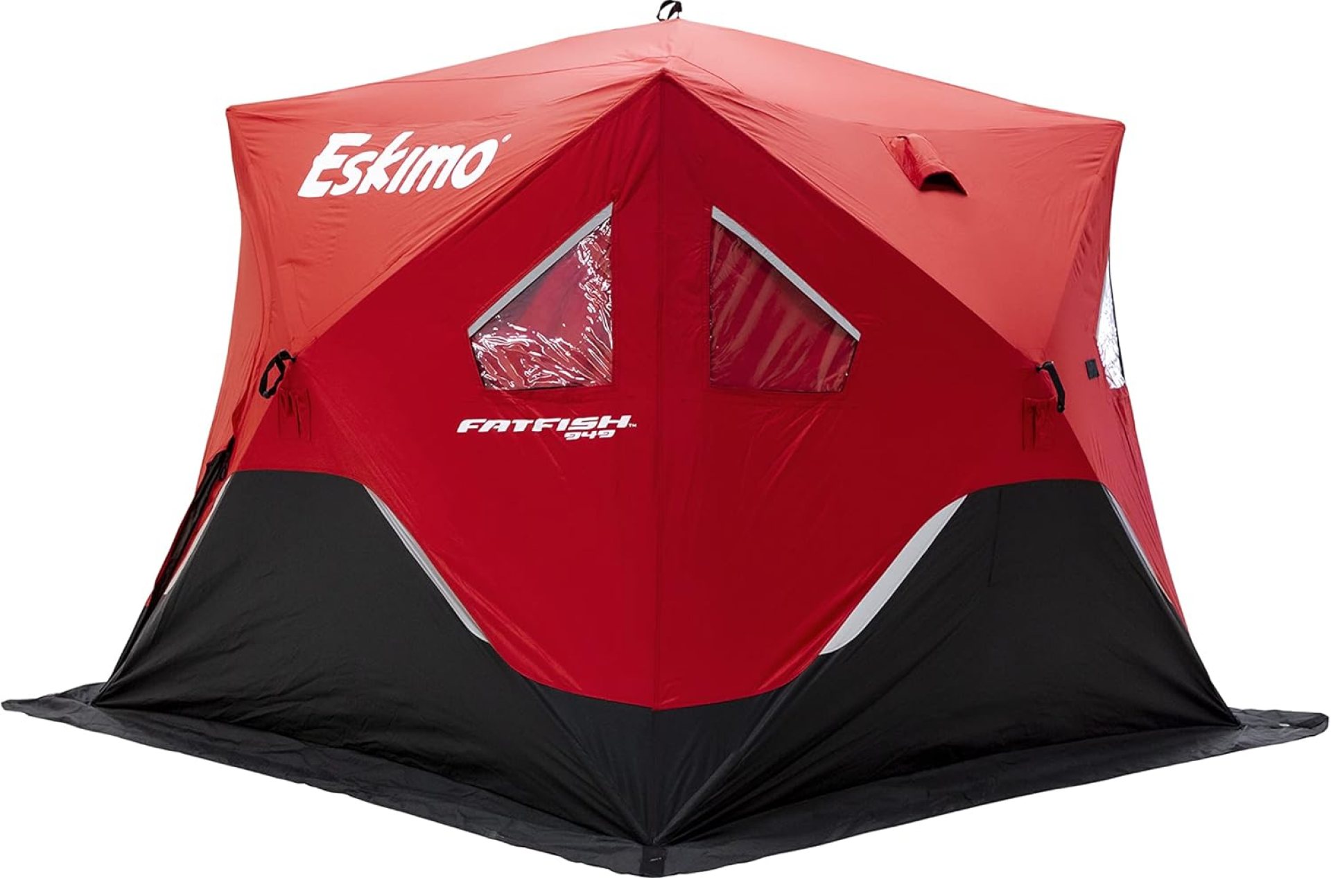 Eskimo FF949 FatFish Pop-up Portable Hub-Style Ice Shelter, Wide Bottom Design 61 sq ft. Fishable Area, 3-4 Person Non-Insulated , Red , 99″ x 99″ Eskimo FF949 FatFish Pop-up Portable Hub-Style Ice Shelter, Wide Bottom Design 61 sq ft. Fishable Area, 3-4 Person Non-Insulated , Red , 99″ x 99″