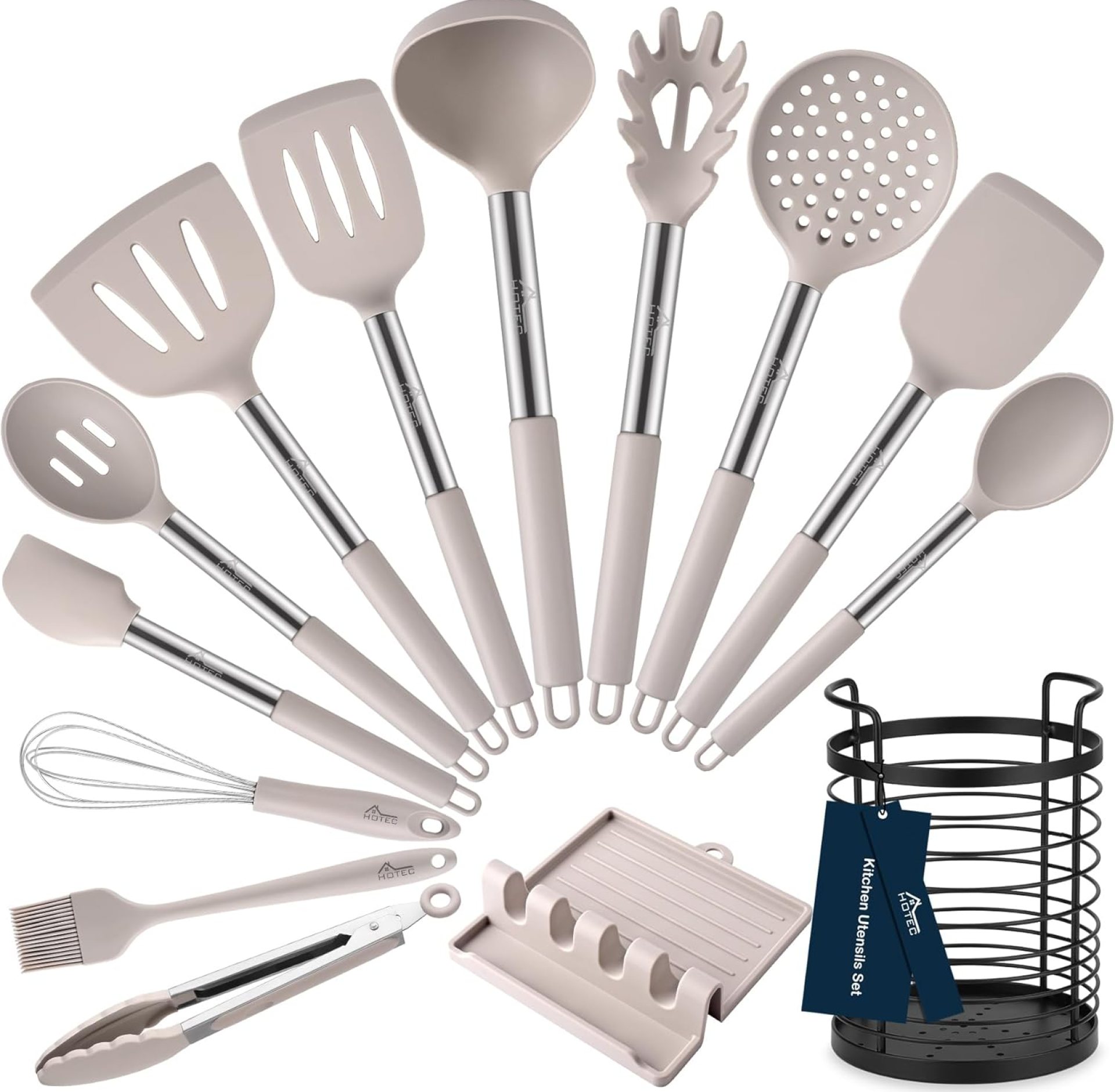HOTEC Heat Resistant Silicone Kitchen Utensils, Cooking Utensil Set, Spatula Set, BPA Free, Kitchen Gadgets, With Stainless Steel Utensils Holder, Dishwasher Safe 14pcs Khaki HOTEC Heat Resistant Silicone Kitchen Utensils, Cooking Utensil Set, Spatula Set, BPA Free, Kitchen Gadgets, With Stainless Steel Utensils Holder, Dishwasher Safe 14pcs Khaki