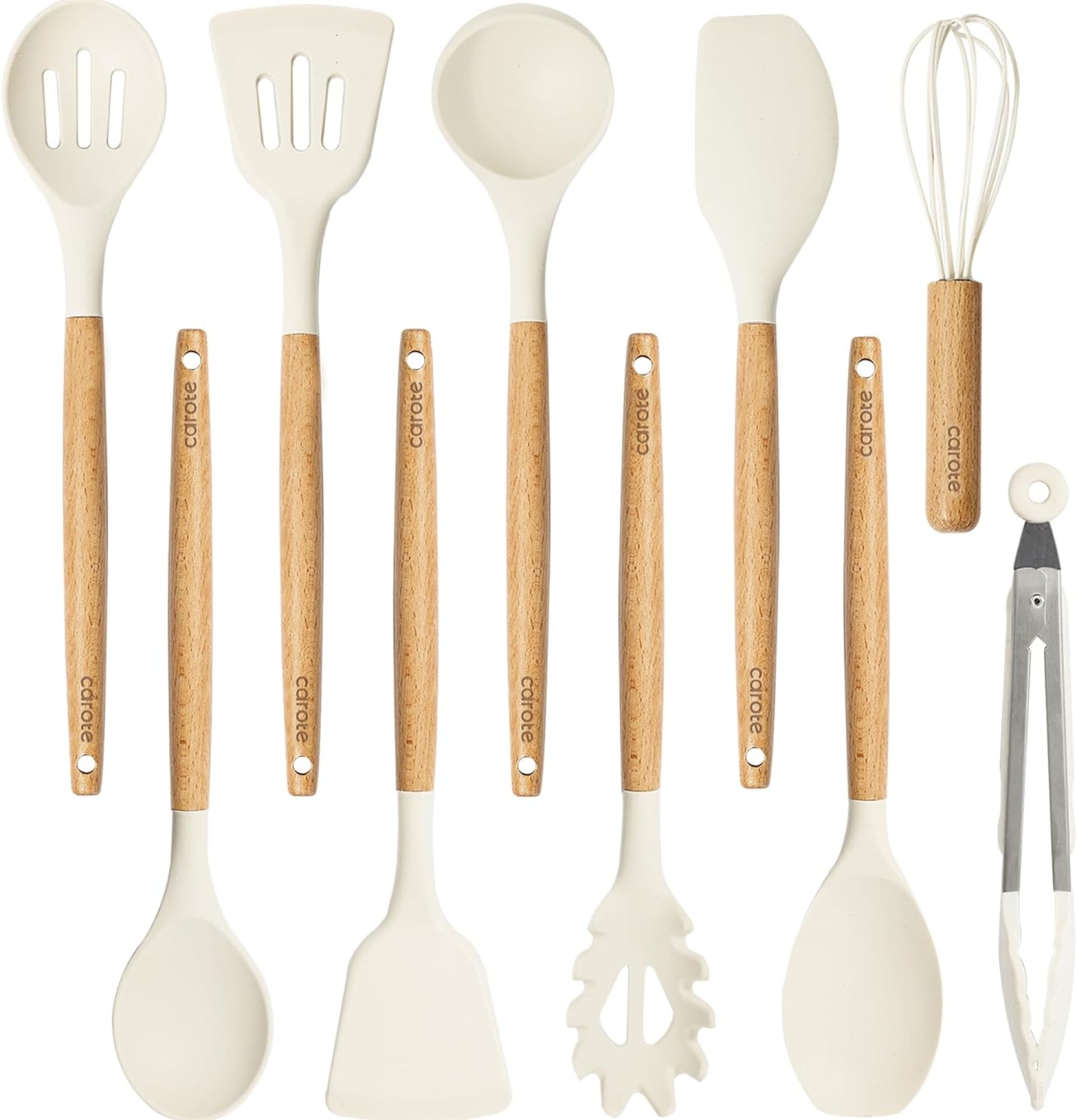 CAROTE Silicon Cooking Utensils Set for Kitchen,446°F Heat Resistant 10 pcs Non-Stick Cooking Set with Wooden Handle Spatula Turner Spoon Tongs Whisk CAROTE Silicon Cooking Utensils Set for Kitchen,446°F Heat Resistant 10 pcs Non-Stick Cooking Set with Wooden Handle Spatula Turner Spoon Tongs Whisk