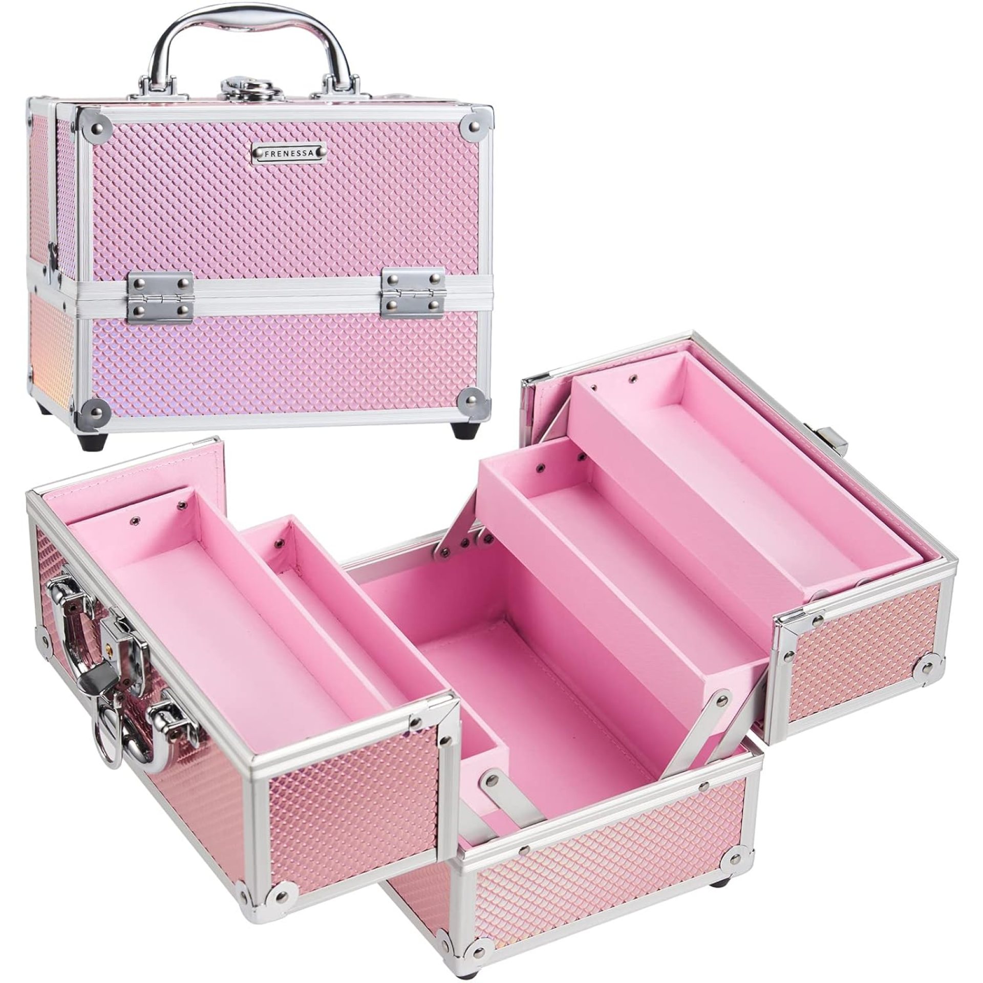 FRENESSA Makeup Train Case Beauty Cosmetic Box 4 Tier Trays Jewelry Storage Organizer with Lockable Pink Lining Perfect for Women and Girls – Mermaid Pink FRENESSA Makeup Train Case Beauty Cosmetic Box 4 Tier Trays Jewelry Storage Organizer with Lockable Pink Lining Perfect for Women and Girls – Mermaid Pink