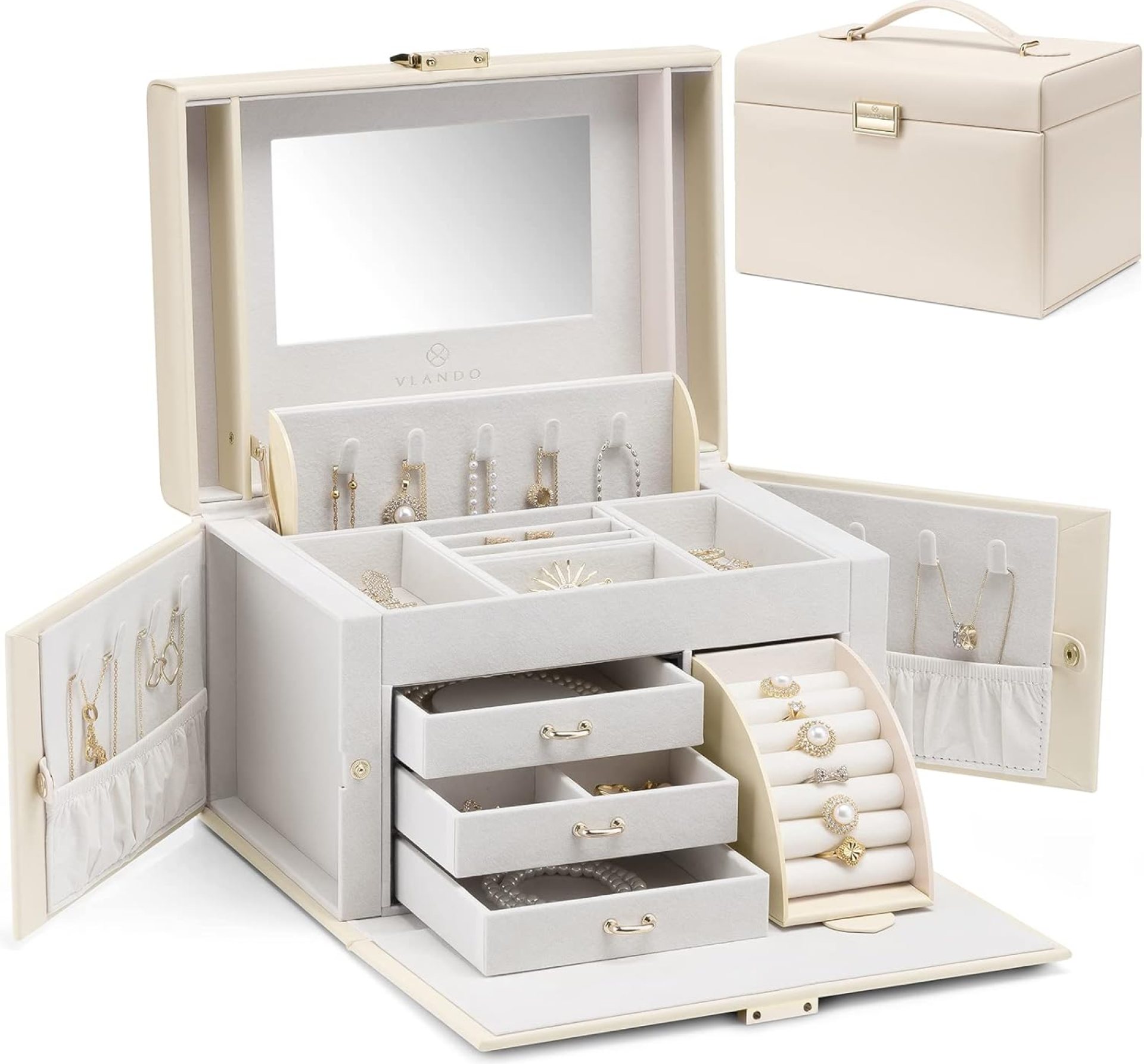 Vlando Jewelry Box Organizer for Girls Women, Large Jewelry Holder Organizer with Mirror, 3 Drawers for Bracelets, Earrings, Rings, Necklaces, Mothers Day Gifts for Loved One, Apricot White Vlando Jewelry Box Organizer for Girls Women, Large Jewelry Holder Organizer with Mirror, 3 Drawers for Bracelets, Earrings, Rings, Necklaces, Mothers Day Gifts for Loved One, Apricot White