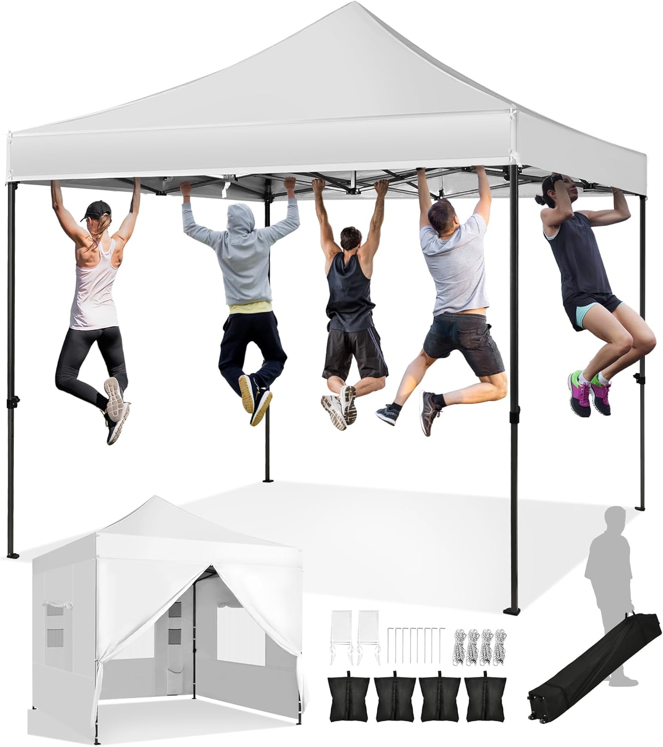 DWVO 10×10 Pop Up Heavy Duty Canopy Tent with 4 Removable Sidewall, 4 Ropes, 8 Stakes, 2 Blank Banners, 4 Sandbags & 1 Carry Bag with Wheel, Garden Gazebo Tent, Party, Exhibition, Commerce, White DWVO 10×10 Pop Up Heavy Duty Canopy Tent with 4 Removable Sidewall, 4 Ropes, 8 Stakes, 2 Blank Banners, 4 Sandbags & 1 Carry Bag with Wheel, Garden Gazebo Tent, Party, Exhibition, Commerce, White