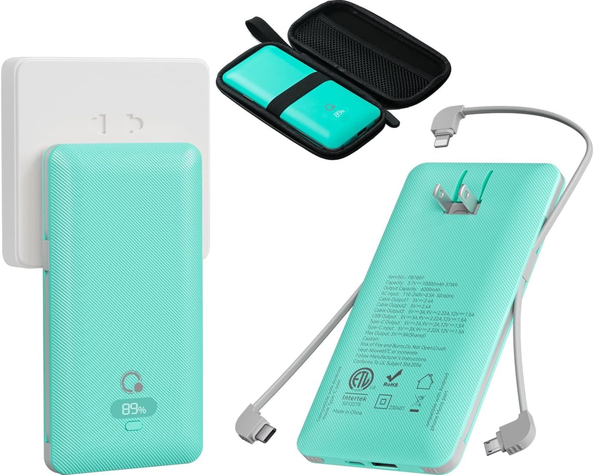 10000mAh Portable Charger with Built-in Cables and AC Wall Plug, USB C Fast Charging Power Bank with 3 Cords,5 Output External Battery Pack Compatible with iPhone,Tablet and All Smart Phones Blue 10000mAh Portable Charger with Built-in Cables and AC Wall Plug, USB C Fast Charging Power Bank with 3 Cords,5 Output External Battery Pack Compatible with iPhone,Tablet and All Smart Phones Blue