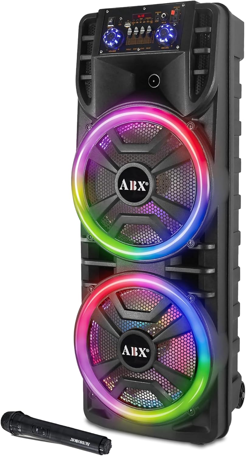 Audiobox ABX-214R Dual 12″ Portable Bluetooth Speaker, Lightweight but Loud with BASS, RGB Party Lights, Wireless Microphone, Volume, Treble & Bass Controls, 37-Inch Tall Audiobox ABX-214R Dual 12″ Portable Bluetooth Speaker, Lightweight but Loud with BASS, RGB Party Lights, Wireless Microphone, Volume, Treble & Bass Controls, 37-Inch Tall