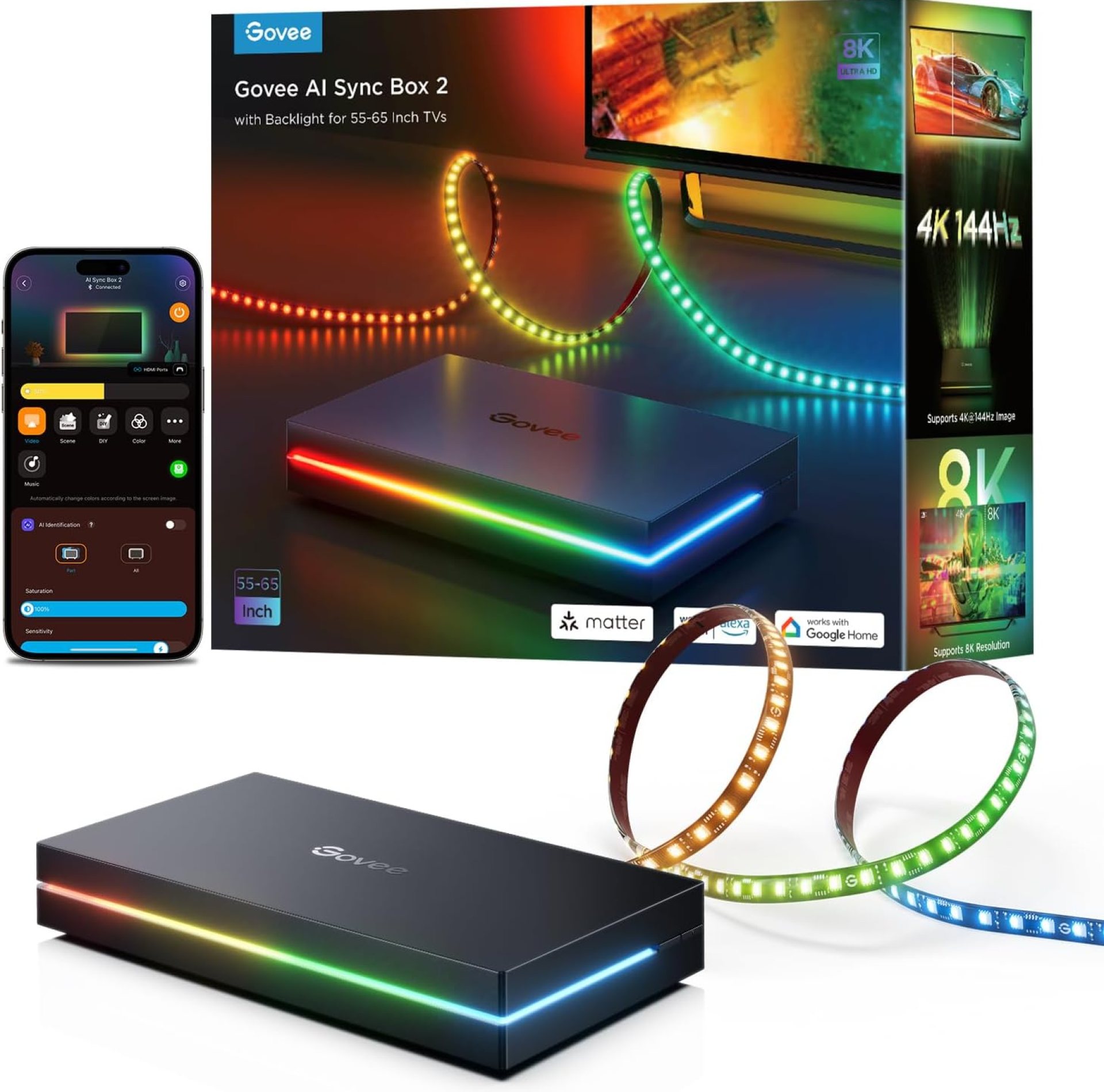 Govee HDMI 2.1 Sync Box 2, AI Sync Box with TV Backlight, Supports 8K@60Hz, 4K@144Hz, VRR and ALLM, Works with Matter and Alexa, RGBIC LED Light Strip for 55-65 inch TVs, 75 LEDs/m Govee HDMI 2.1 Sync Box 2, AI Sync Box with TV Backlight, Supports 8K@60Hz, 4K@144Hz, VRR and ALLM, Works with Matter and Alexa, RGBIC LED Light Strip for 55-65 inch TVs, 75 LEDs/m