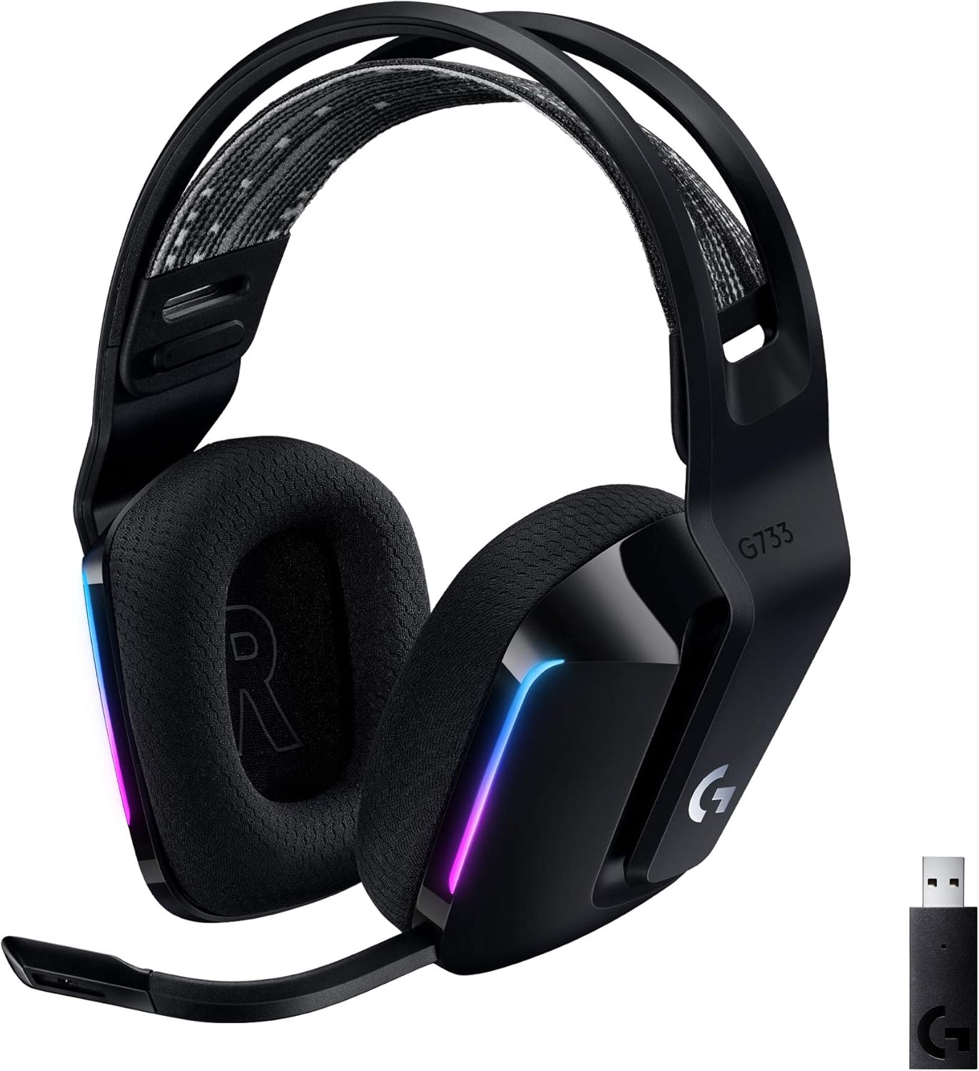 Logitech G733 Lightspeed Wireless Gaming Headset with Suspension Headband, LIGHTSYNC RGB, Blue VO!CE mic Technology and PRO-G Audio Drivers – Black (Renewed) Logitech G733 Lightspeed Wireless Gaming Headset with Suspension Headband, LIGHTSYNC RGB, Blue VO!CE mic Technology and PRO-G Audio Drivers – Black (Renewed)