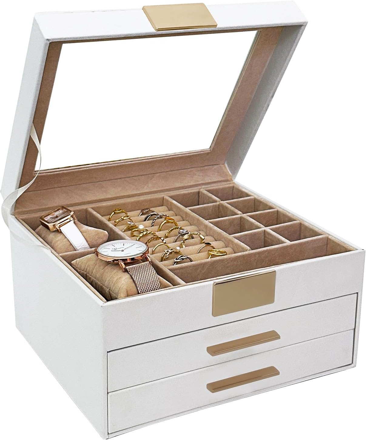 Jewelry box for women, Jewelry organizer box, Transparent lid, 3-Layer white jewelry storage box, 2 Drawers, Watch Display, Modern Style, Gift Jewelry box for women, Jewelry organizer box, Transparent lid, 3-Layer white jewelry storage box, 2 Drawers, Watch Display, Modern Style, Gift
