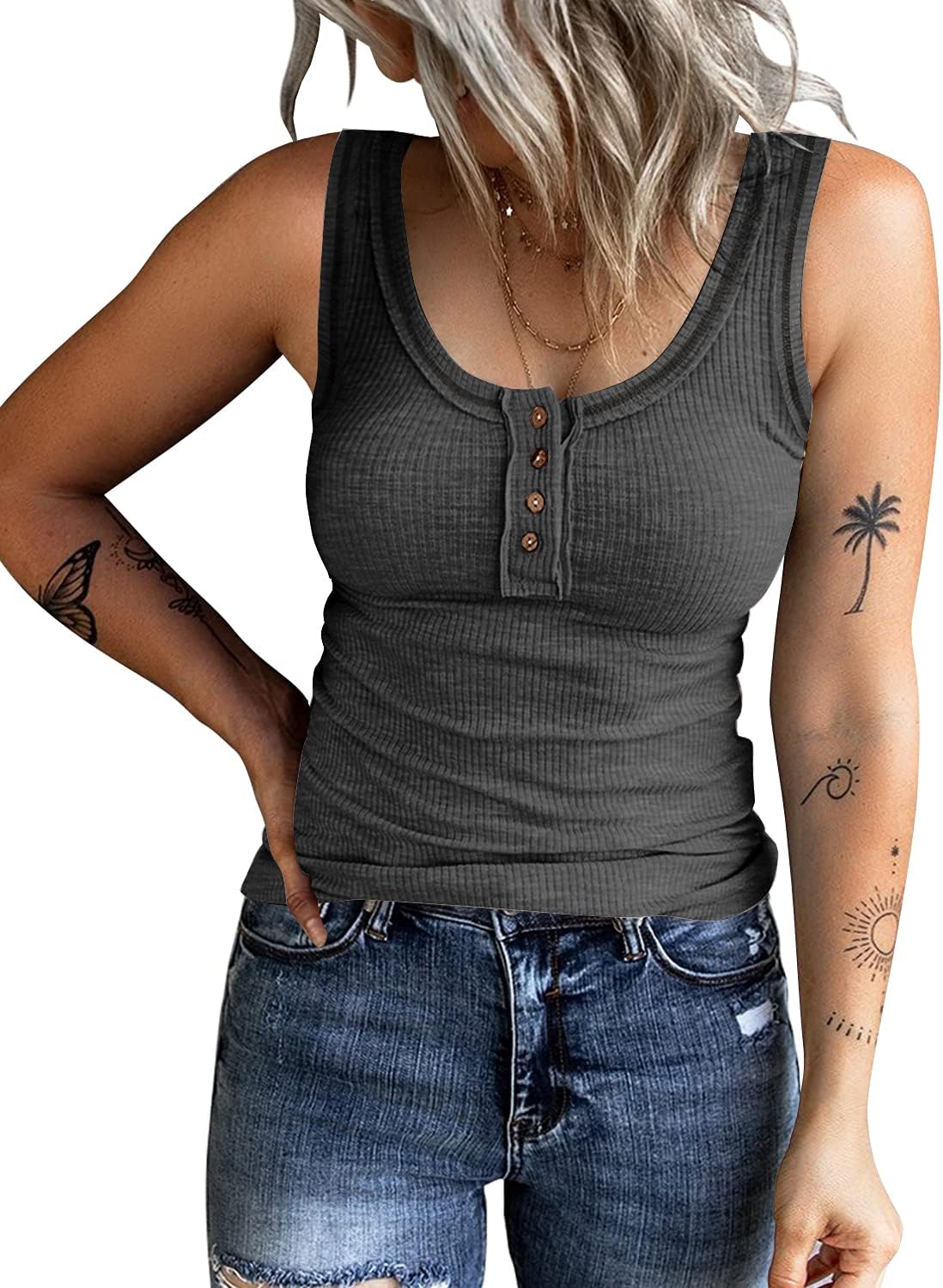 KINLONSAIR Women’s Sleeveless Henley Tank Tops Ribbed V Neck Button Down T Shirts Summer Slim Fit Tee Tops KINLONSAIR Women’s Sleeveless Henley Tank Tops Ribbed V Neck Button Down T Shirts Summer Slim Fit Tee Tops