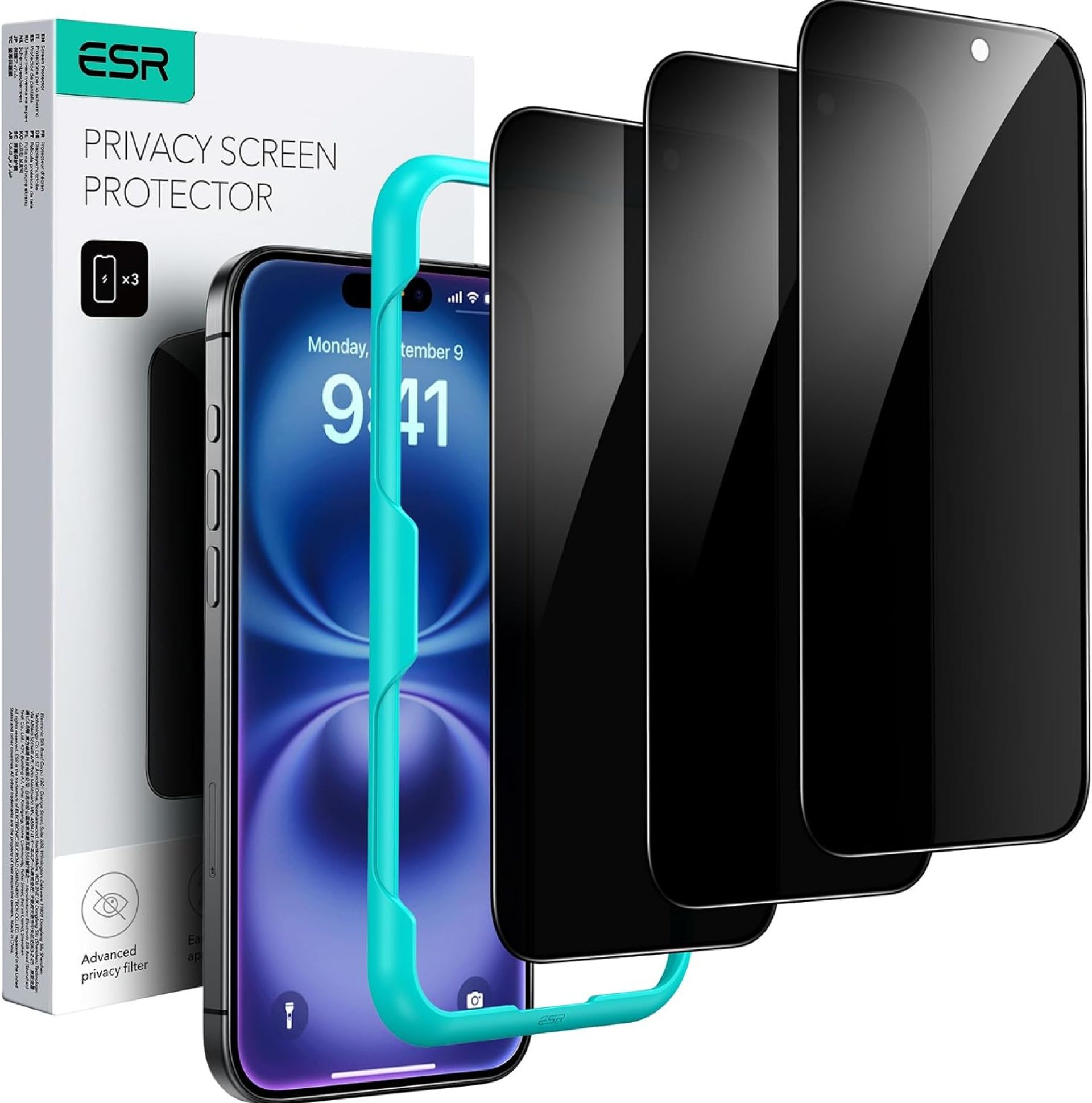 ESR 3 Pack for iPhone 16 Plus/iPhone 15 Plus Privacy Screen Protector, Anti-spy Tempered-Glass Privacy Screen Protector with Easy Installation Tool, Micro-Curved Edges, Case Friendly ESR 3 Pack for iPhone 16 Plus/iPhone 15 Plus Privacy Screen Protector, Anti-spy Tempered-Glass Privacy Screen Protector with Easy Installation Tool, Micro-Curved Edges, Case Friendly