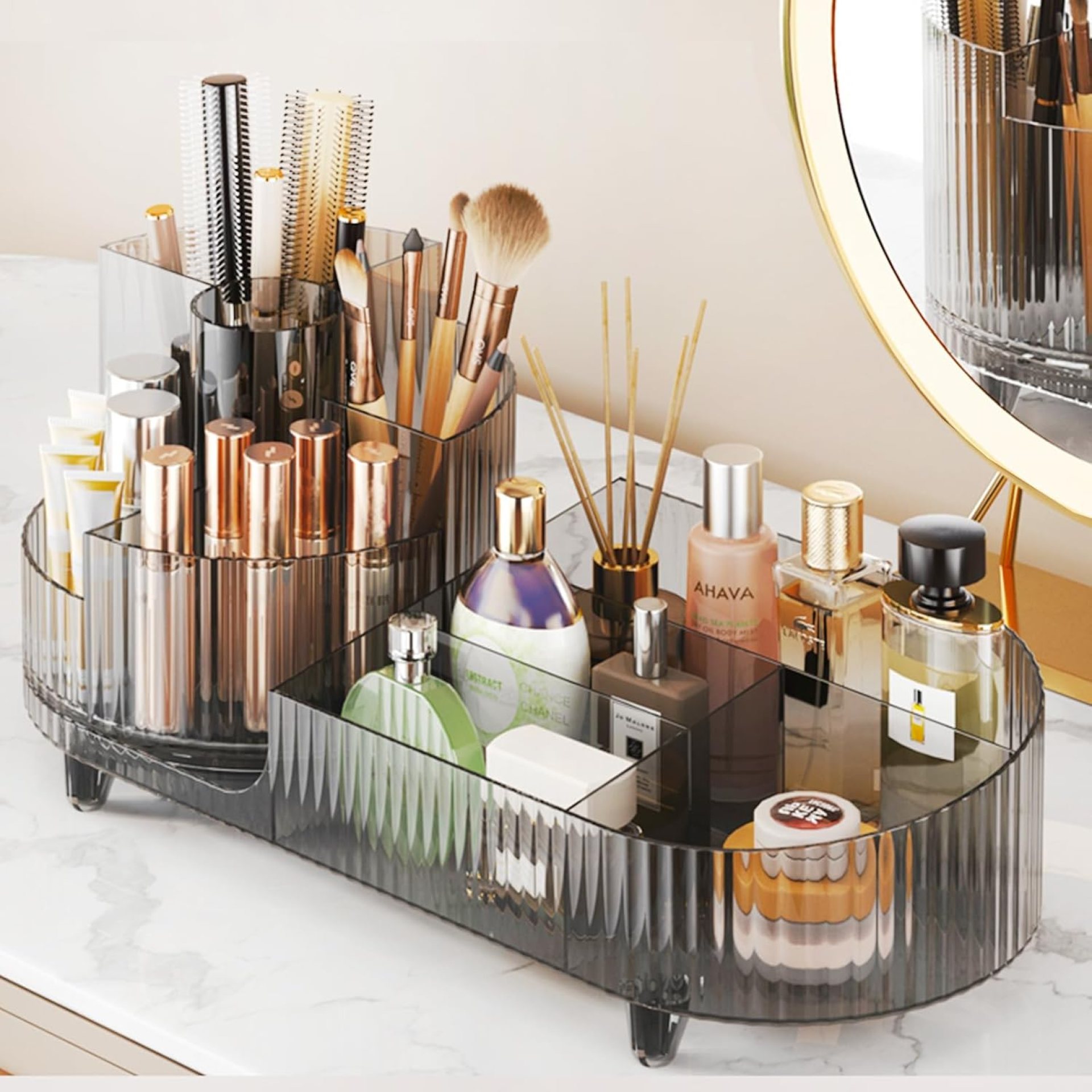 Rotating Makeup Organizer for Vanity with Brush Holder, Cosmetic Makeup Storage Organizer, Large Spinning Makeup Skincare Organizer, Countertop Makeup Perfume, Lotions Display Case (Transparent Black) Rotating Makeup Organizer for Vanity with Brush Holder, Cosmetic Makeup Storage Organizer, Large Spinning Makeup Skincare Organizer, Countertop Makeup Perfume, Lotions Display Case (Transparent Black)