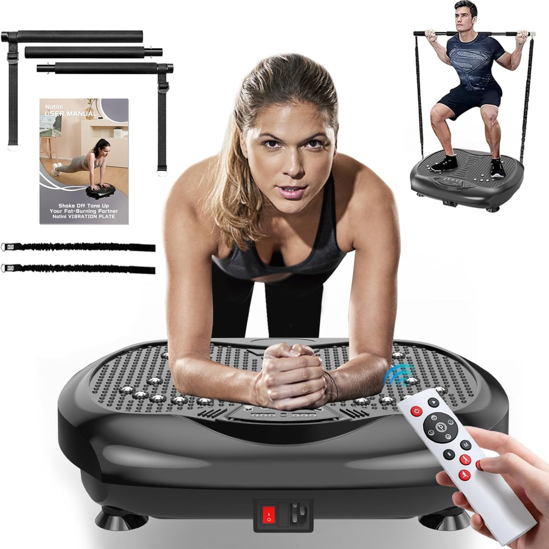 Vibration Plate Exercise Machine – Whole Body Workout Vibration Platform Lymphatic Drainage Machine for Weight Loss Home Fitness w/Pilates Bar + Resistance Bands + Remote Vibration Plate Exercise Machine – Whole Body Workout Vibration Platform Lymphatic Drainage Machine for Weight Loss Home Fitness w/Pilates Bar + Resistance Bands + Remote