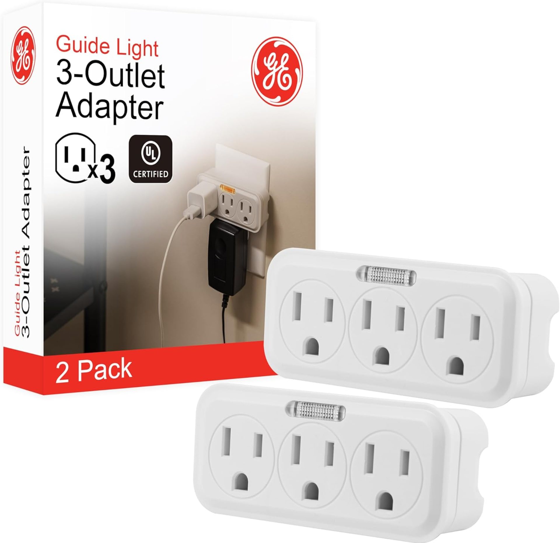 GE 3-Outlet Extender Wall Tap with Guide Light 2 Pack, Grounded Adapter, 3-Prong, Cruise Essentials, Indoor Rated, Use for Home Office School Dorm, UL Listed, White, 84839 GE 3-Outlet Extender Wall Tap with Guide Light 2 Pack, Grounded Adapter, 3-Prong, Cruise Essentials, Indoor Rated, Use for Home Office School Dorm, UL Listed, White, 84839