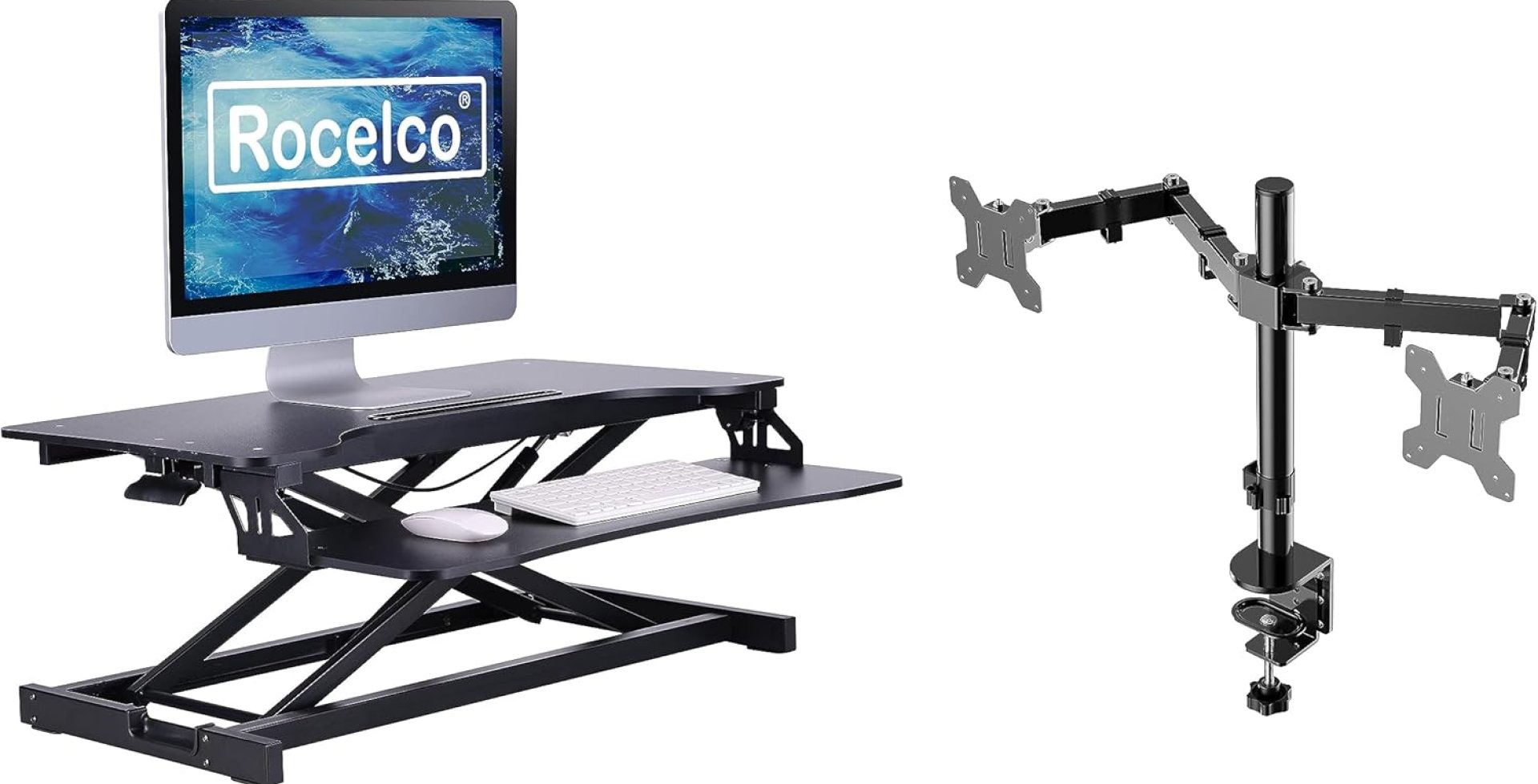 Rocelco Standing Desk Converter with Dual Monitor Mount – 31.5 Inch Sit Stand Up Tabletop Riser with Tablet Holder, Height Adjustable Workstation – Deep Keyboard Tray for Laptop – Black (R VADRB-DM2) Rocelco Standing Desk Converter with Dual Monitor Mount – 31.5 Inch Sit Stand Up Tabletop Riser with Tablet Holder, Height Adjustable Workstation – Deep Keyboard Tray for Laptop – Black (R VADRB-DM2)