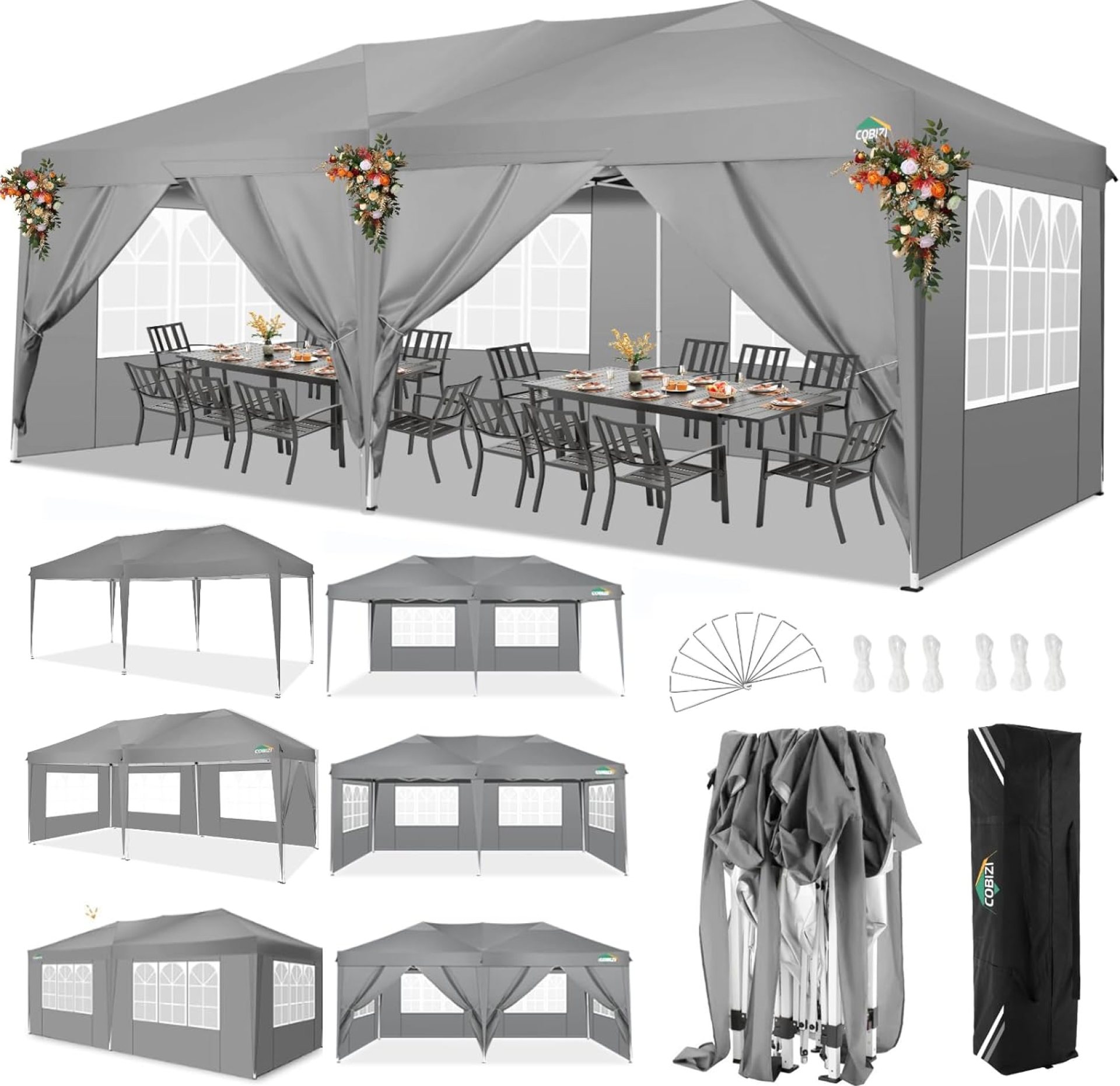 COBIZI 10×20 Pop Up Canopy Tent with 6 Removable Sidewalls, Easy Up Commercial Outdoor Canopy Tent, Waterproof and UV50+ Gazebo with Portable Bag, Tents for Parties/Backyard/Exhibition(Grey COBIZI 10×20 Pop Up Canopy Tent with 6 Removable Sidewalls, Easy Up Commercial Outdoor Canopy Tent, Waterproof and UV50+ Gazebo with Portable Bag, Tents for Parties/Backyard/Exhibition(Grey