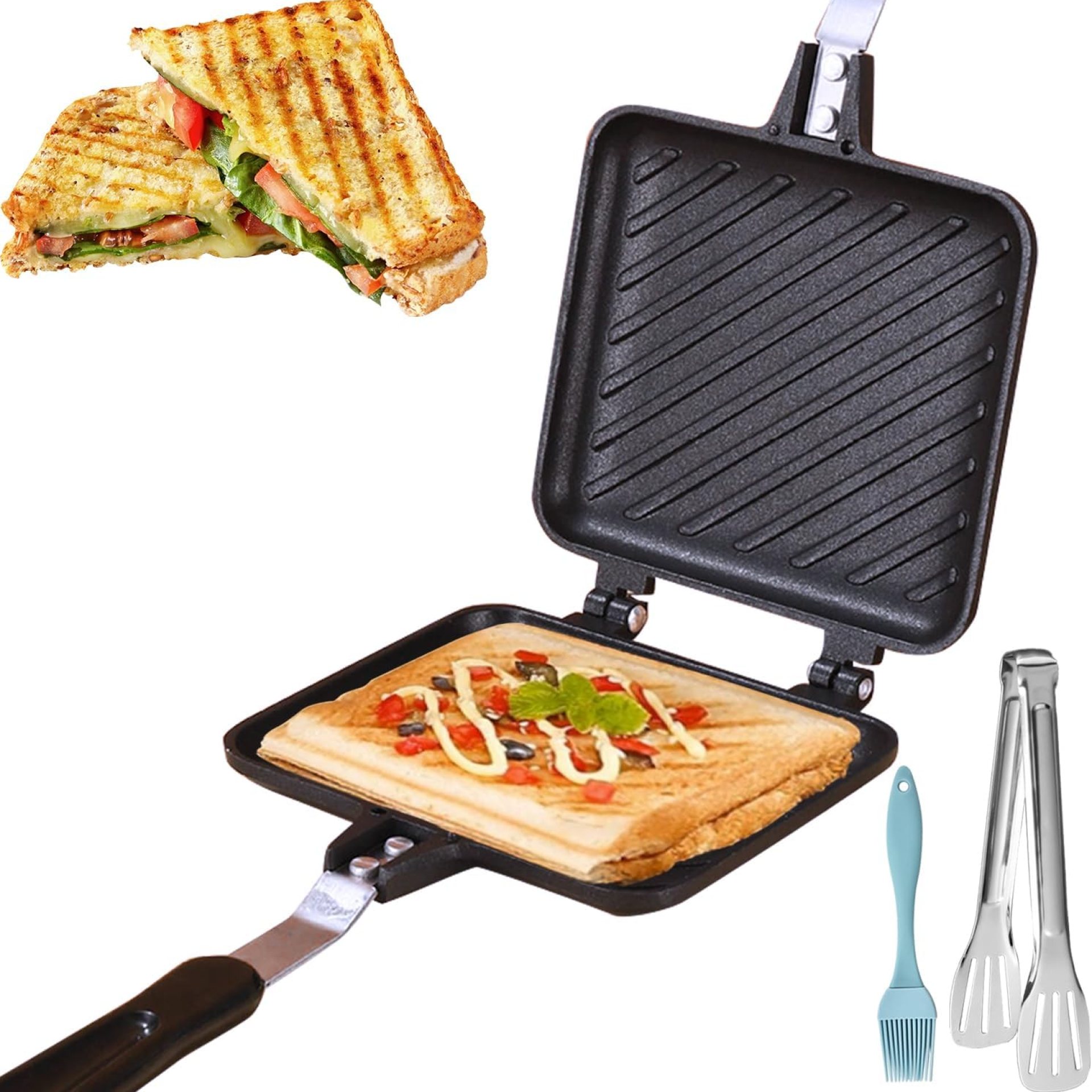 Grilled Sandwich Frying Pan Stovetop Toasted Panini Maker with Handle Flip Grill Pan Double Sided Nonstick Aluminum Flip Maker for Home Cooks Toasties, Kitchen, Breakfast, Camping, Black Grilled Sandwich Frying Pan Stovetop Toasted Panini Maker with Handle Flip Grill Pan Double Sided Nonstick Aluminum Flip Maker for Home Cooks Toasties, Kitchen, Breakfast, Camping, Black