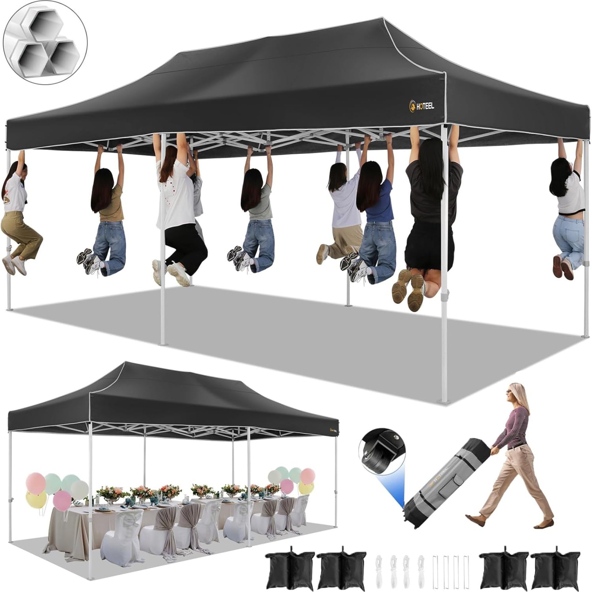 HOTEEL 10×20 Pop up Canopy Tent for Parties, Heavy Duty Easy Setup Tent Without Sidewalls, Outdoor Commercial Instant Gazebo for Wedding Event, with Roller Bag & Sand Bags, Black(Hexagonal Frame) HOTEEL 10×20 Pop up Canopy Tent for Parties, Heavy Duty Easy Setup Tent Without Sidewalls, Outdoor Commercial Instant Gazebo for Wedding Event, with Roller Bag & Sand Bags, Black(Hexagonal Frame)