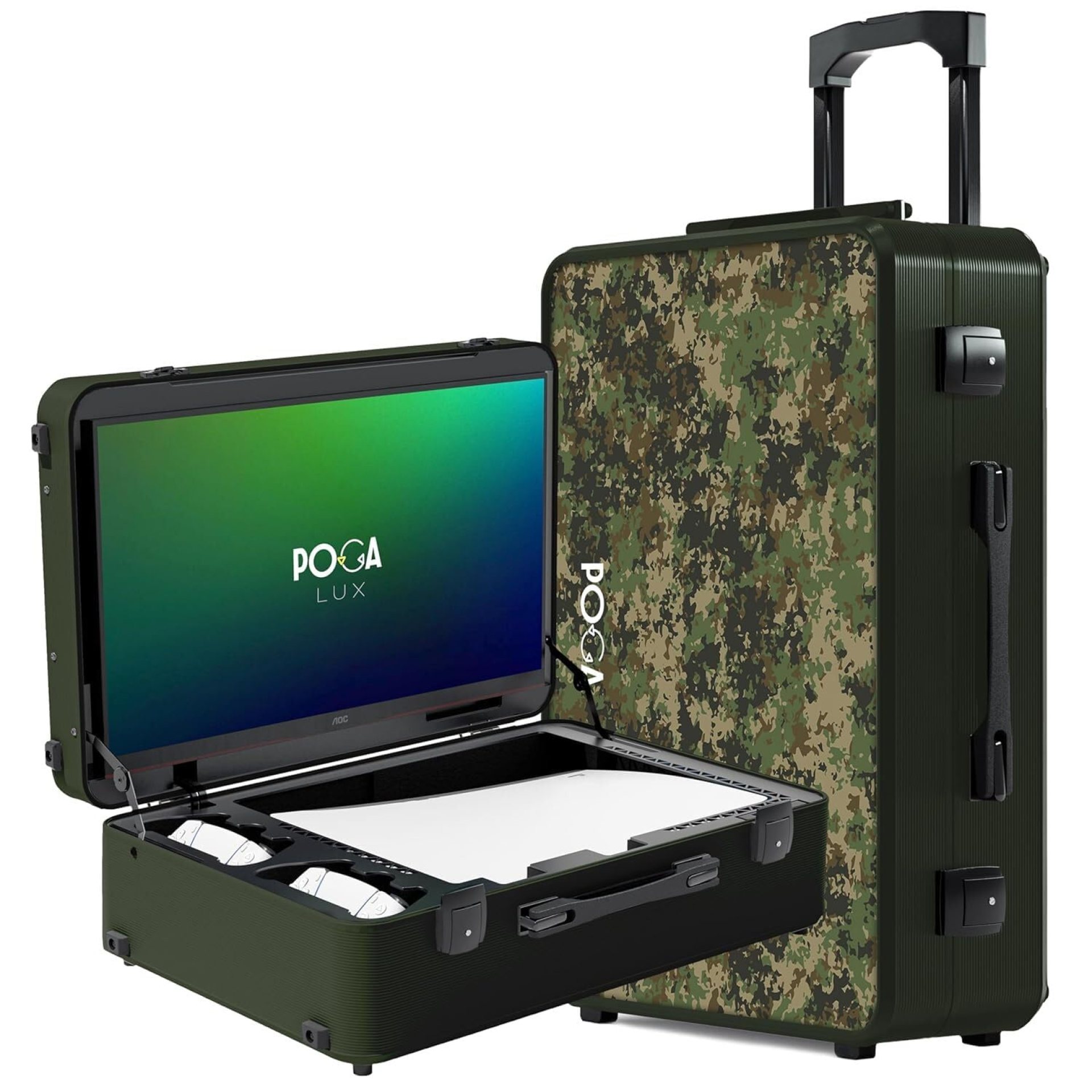POGA LUX PlayStation 5 Premium Portable Console Travel Case incl. Trolley and 24‘‘ AOC Gaming Monitor – (V3 – Bluetooth Speaker Optional) Camouflage POGA LUX PlayStation 5 Premium Portable Console Travel Case incl. Trolley and 24‘‘ AOC Gaming Monitor – (V3 – Bluetooth Speaker Optional) Camouflage