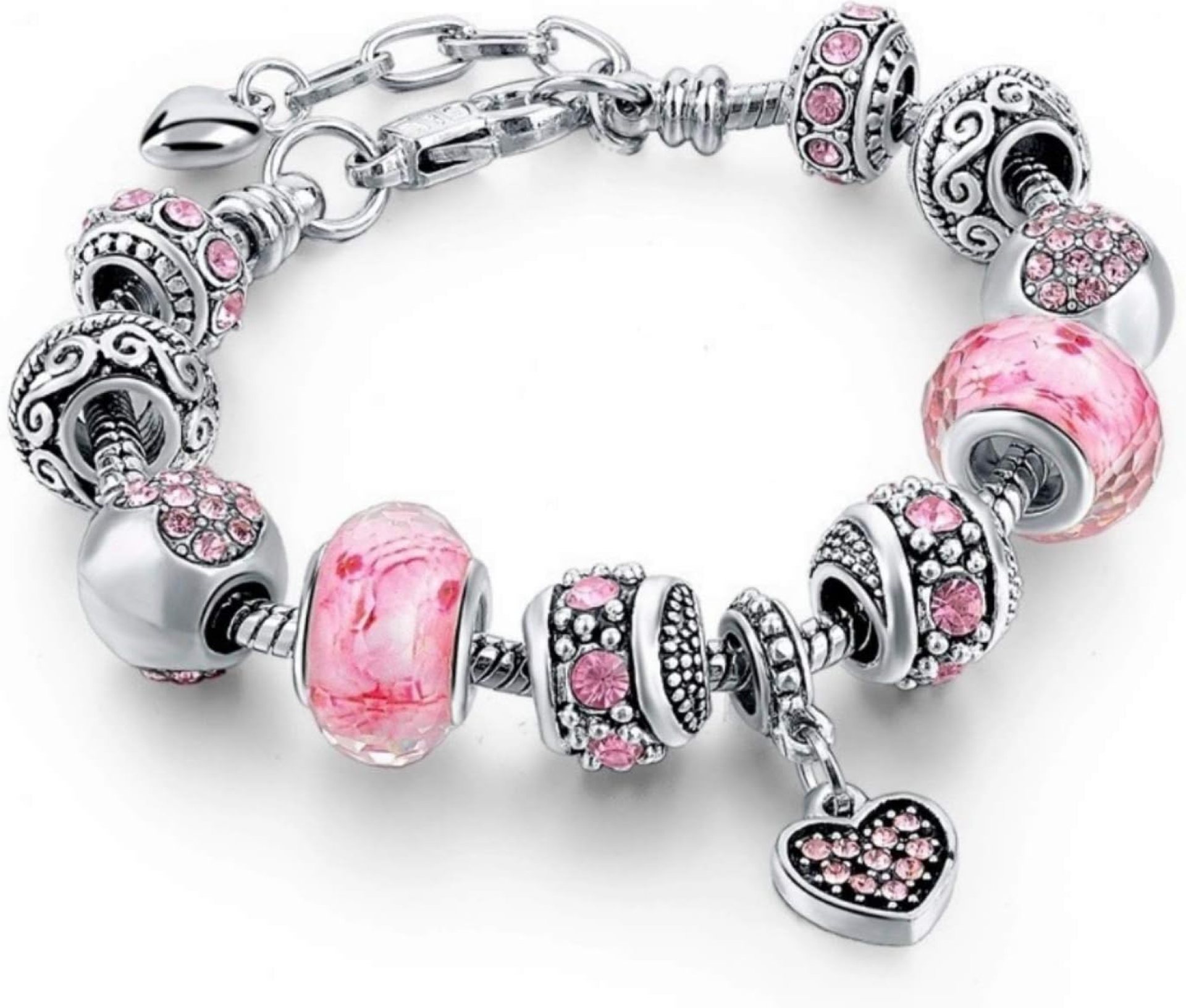 Pink Hearts Silver Plated Charm Bracelet Set, Jewelry Gifts with Beads, Charms, and Adjustable Snake Chain, Fits 7.5″+1.5″ Pink Hearts Silver Plated Charm Bracelet Set, Jewelry Gifts with Beads, Charms, and Adjustable Snake Chain, Fits 7.5″+1.5″