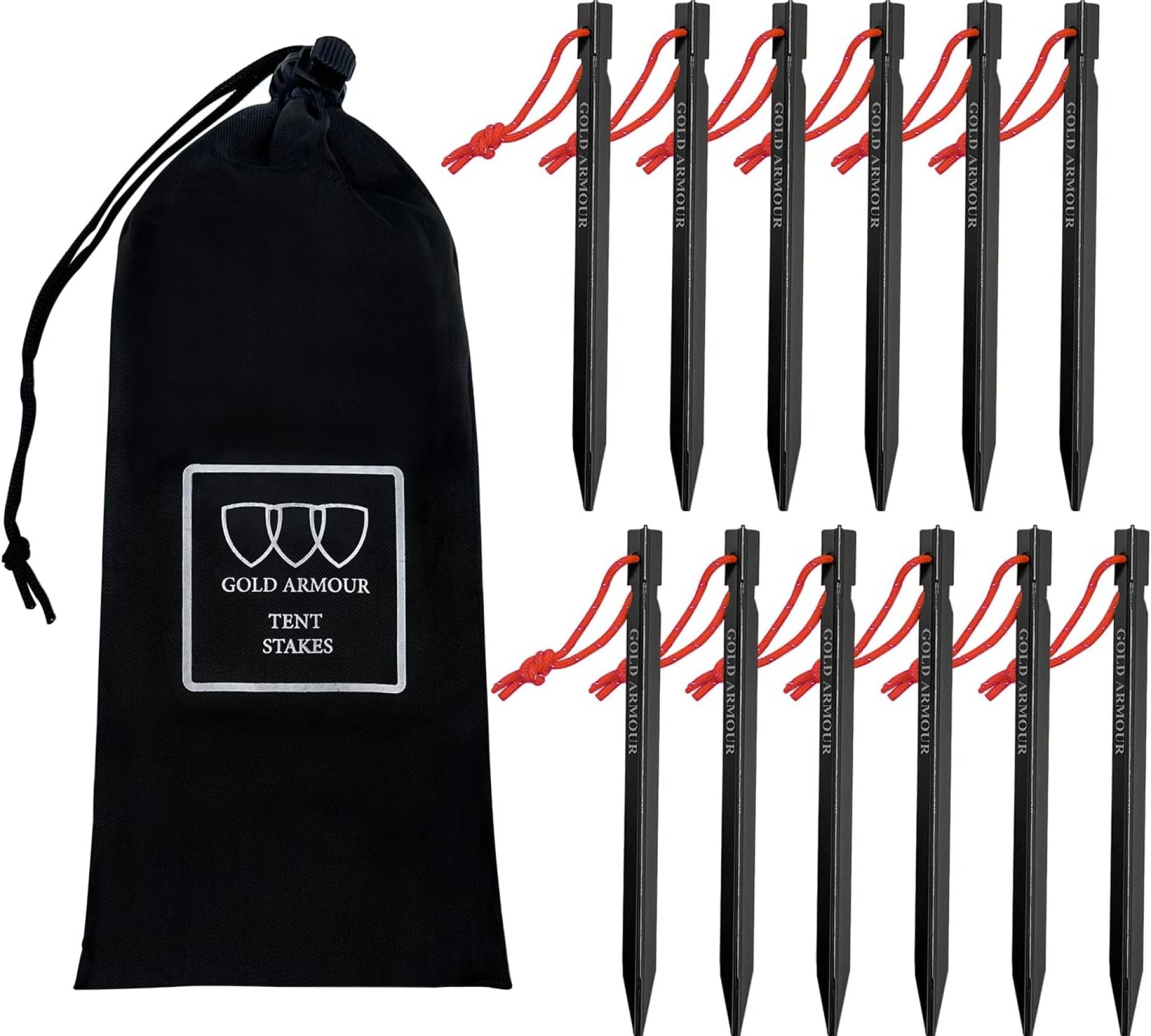 Gold Armour Tent Stakes – 12 Pack Heavy Duty, Lightweight, Camping Stakes Pegs for Outdoor Tent and Tarp, Essential Camping Gear Equipment Accessories (Black) Gold Armour Tent Stakes – 12 Pack Heavy Duty, Lightweight, Camping Stakes Pegs for Outdoor Tent and Tarp, Essential Camping Gear Equipment Accessories (Black)