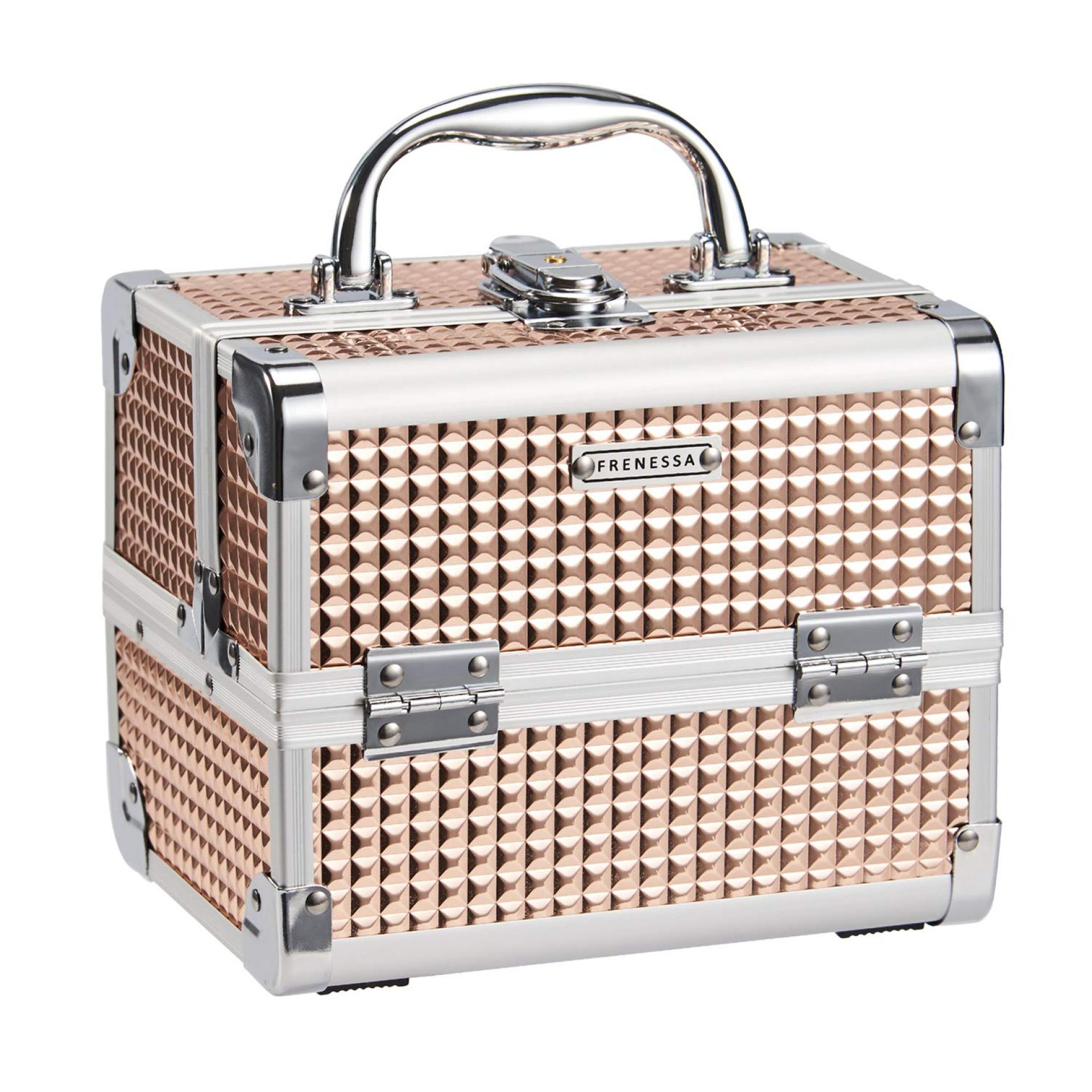FRENESSA Makeup Train Case Portable Cosmetic Box Jewelry Organizer 2-Tier Trays Lockable with Keys and Mirror Carrying with Handle Makeup Storage Box – Rose Gold FRENESSA Makeup Train Case Portable Cosmetic Box Jewelry Organizer 2-Tier Trays Lockable with Keys and Mirror Carrying with Handle Makeup Storage Box – Rose Gold