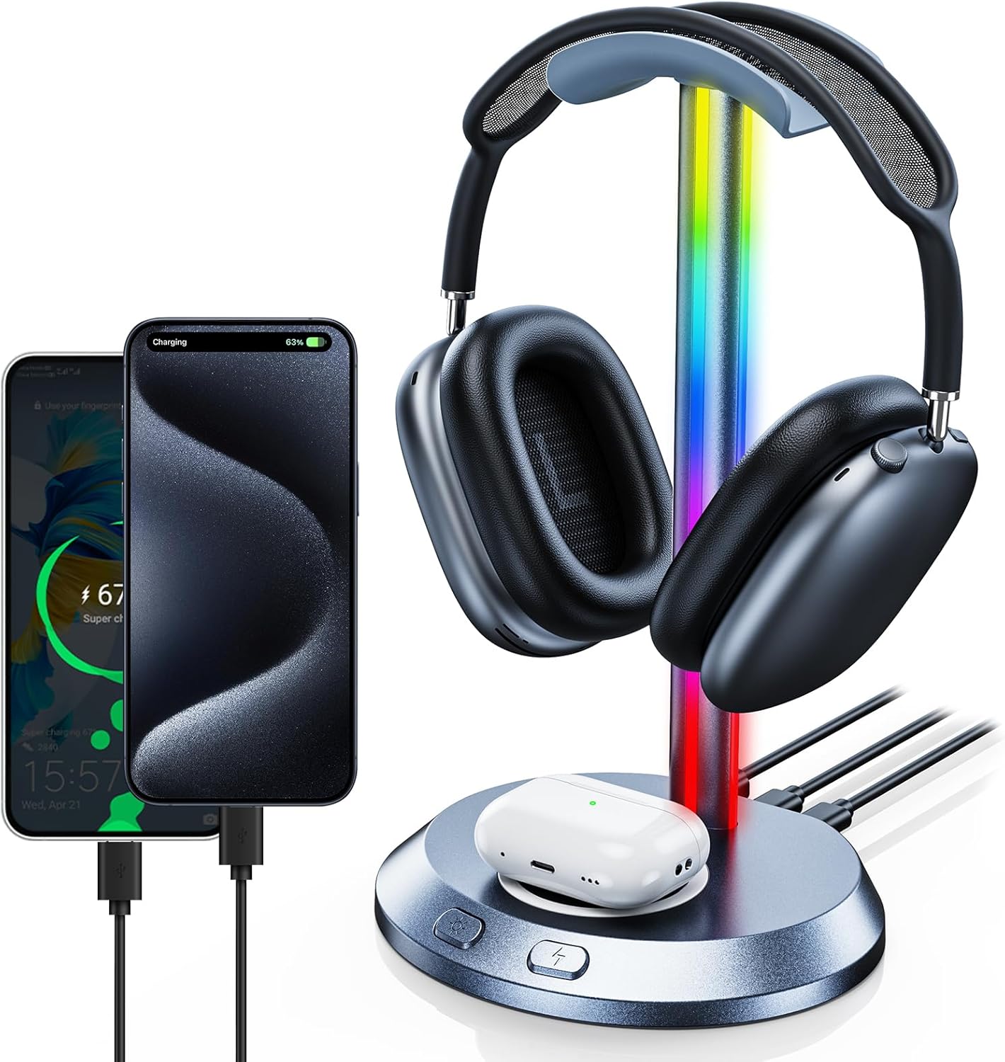 RGB Headphone Stand with 15W Fast Wireless Charging and 2 USB-C&1 USB Charging Ports,Desk Gaming Headset Holder with Weighted Non-Slip Rubber Base Suitable for All Earphone Accessories RGB Headphone Stand with 15W Fast Wireless Charging and 2 USB-C&1 USB Charging Ports,Desk Gaming Headset Holder with Weighted Non-Slip Rubber Base Suitable for All Earphone Accessories