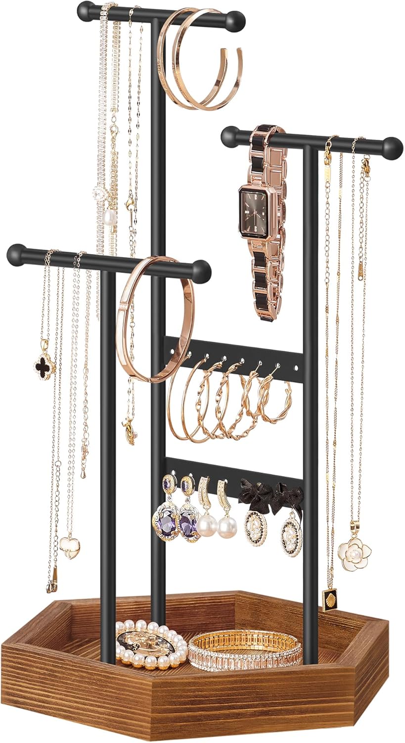 SONGMICS Jewelry Holder, Jewelry Organizer, 3 Tiers and 1 Tray, Jewelry Display Stand with Metal Frame, Necklace Earring Bracelet Holder, for Rings, Ink Black and Caramel Brown UJJS03CB SONGMICS Jewelry Holder, Jewelry Organizer, 3 Tiers and 1 Tray, Jewelry Display Stand with Metal Frame, Necklace Earring Bracelet Holder, for Rings, Ink Black and Caramel Brown UJJS03CB