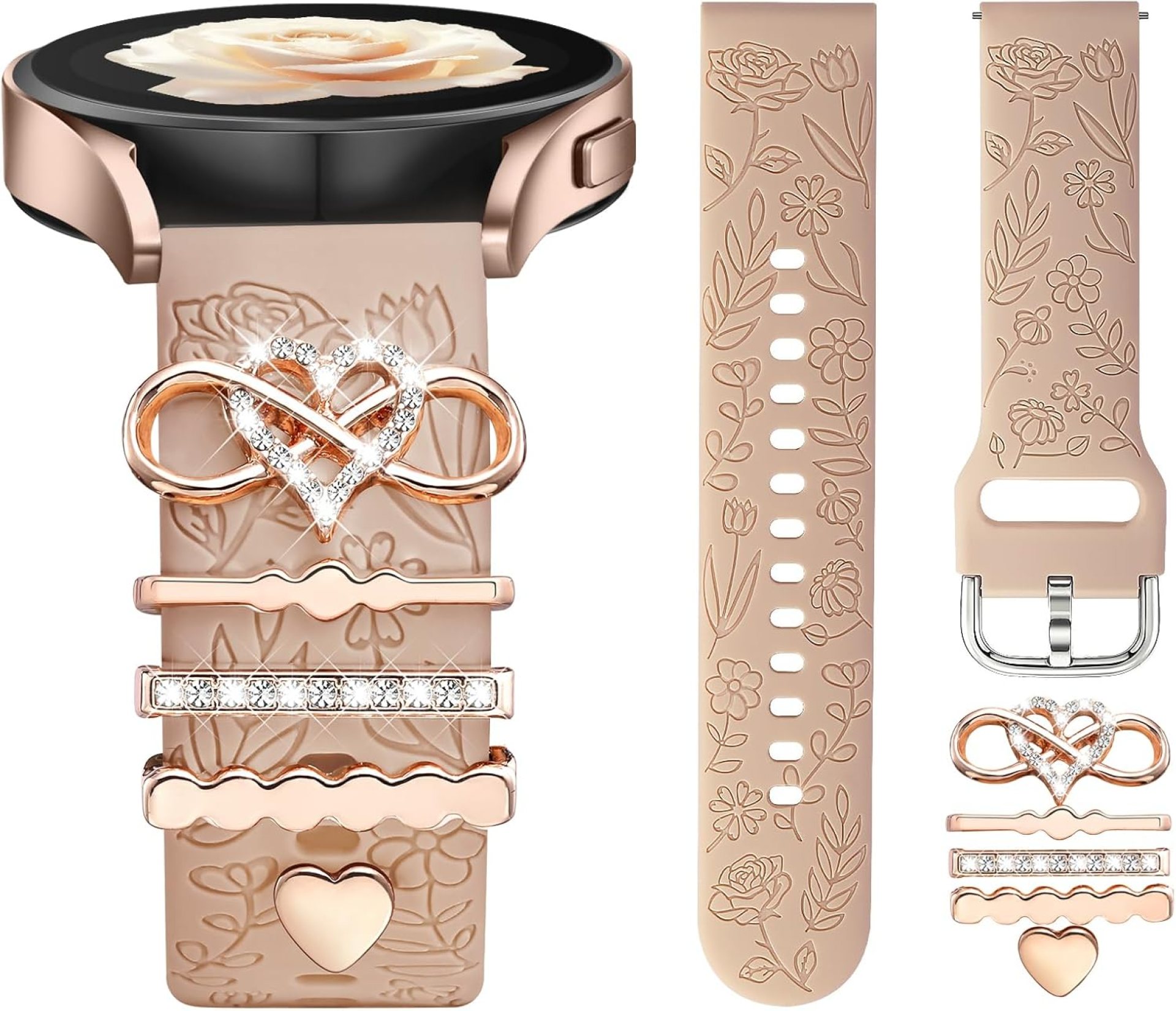 DaQin Flower Engraved Band Compatible with Samsung Galaxy Watch 7 Band/FE 6 5 4 40mm 44mm,Galaxy Active 2, 20mm Watch Band Soft Silicone Replacement Strap with Decorative Charms Accessories Women DaQin Flower Engraved Band Compatible with Samsung Galaxy Watch 7 Band/FE 6 5 4 40mm 44mm,Galaxy Active 2, 20mm Watch Band Soft Silicone Replacement Strap with Decorative Charms Accessories Women