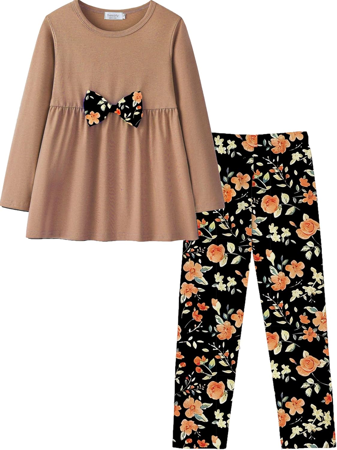 Yekaty Girls Clothing Set 2 Pcs Floral Soft Crewneck Long Sleeve Top+Leggings Loose Outfits With Bowknot Yekaty Girls Clothing Set 2 Pcs Floral Soft Crewneck Long Sleeve Top+Leggings Loose Outfits With Bowknot
