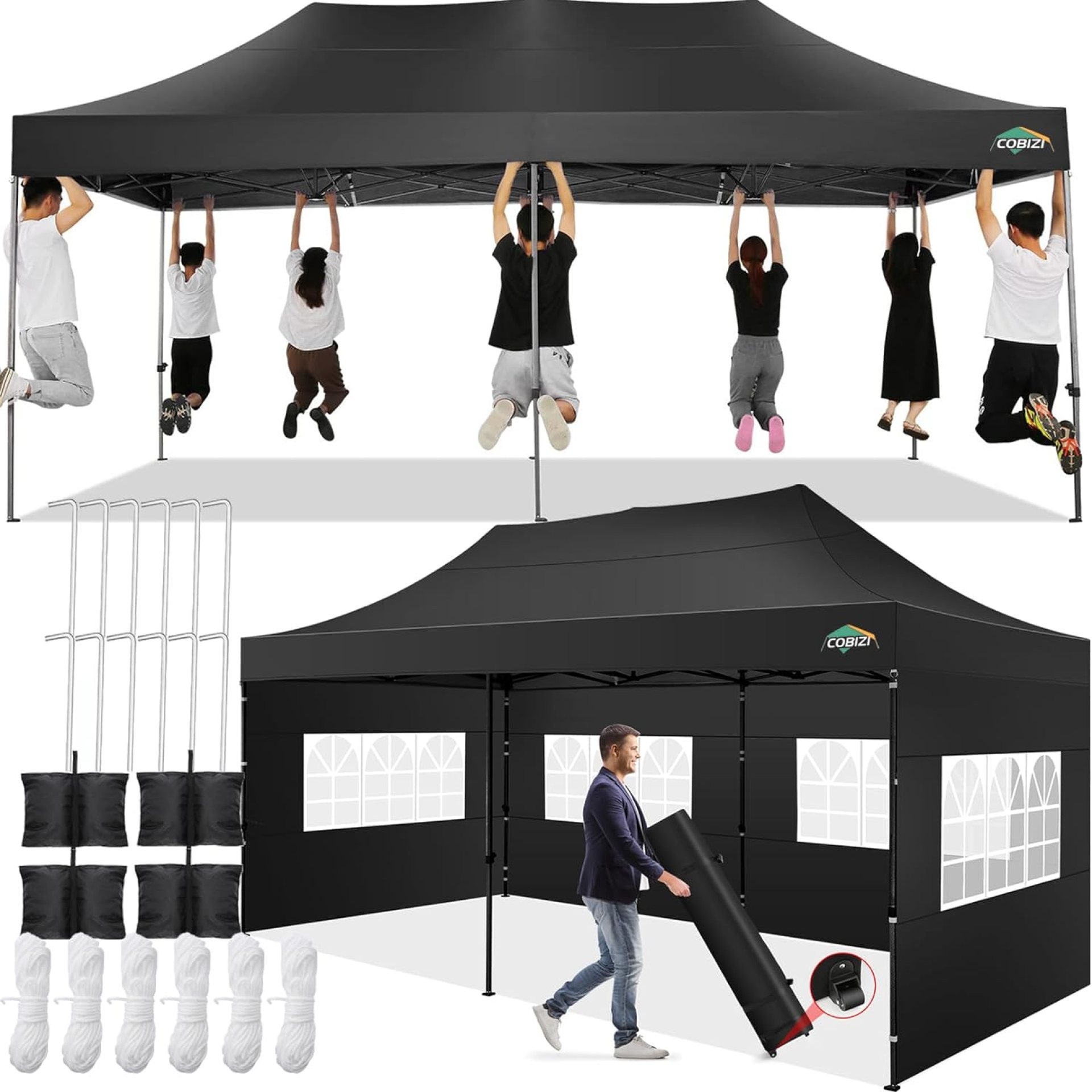COBIZI 10×20 Pop up Canopy Tent 10×20 Canopy with 6 Sidewalls Waterproof Heavy Duty Commercial Canopy Tent for Parties Outdoor Tent Garden Gazebo Tent, Carry Bag with Wheel(10x20ft, Black) COBIZI 10×20 Pop up Canopy Tent 10×20 Canopy with 6 Sidewalls Waterproof Heavy Duty Commercial Canopy Tent for Parties Outdoor Tent Garden Gazebo Tent, Carry Bag with Wheel(10x20ft, Black)