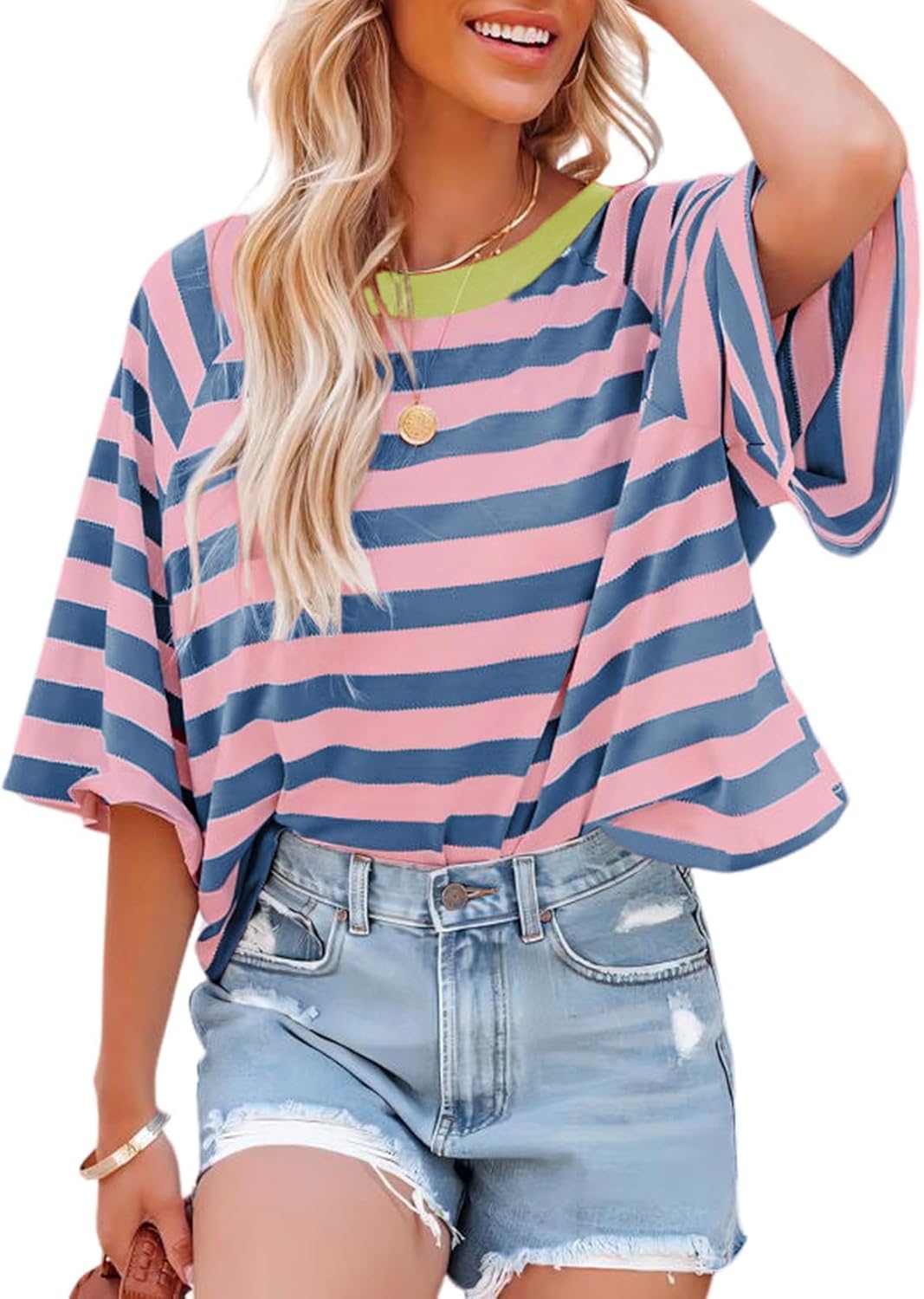 Dokotoo Tops for Women Striped 2025 Fashion T Shirts for Women Color Block Crewneck Design Loose Basic Tee Dokotoo Tops for Women Striped 2025 Fashion T Shirts for Women Color Block Crewneck Design Loose Basic Tee