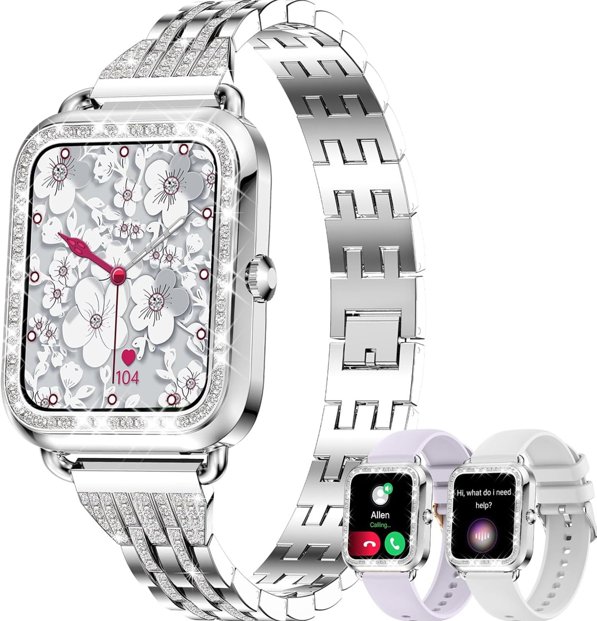 Smart Watch for Women Diamonds(Answer/Make Call),1.29”HD Touch Screen Smart Watch Android,Fitness Tracker with Heart Rate/Blood Oxygen/Sleep Monitor,Waterproof Smartwatch 3 Strap (Diamond Silver) Smart Watch for Women Diamonds(Answer/Make Call),1.29”HD Touch Screen Smart Watch Android,Fitness Tracker with Heart Rate/Blood Oxygen/Sleep Monitor,Waterproof Smartwatch 3 Strap (Diamond Silver)