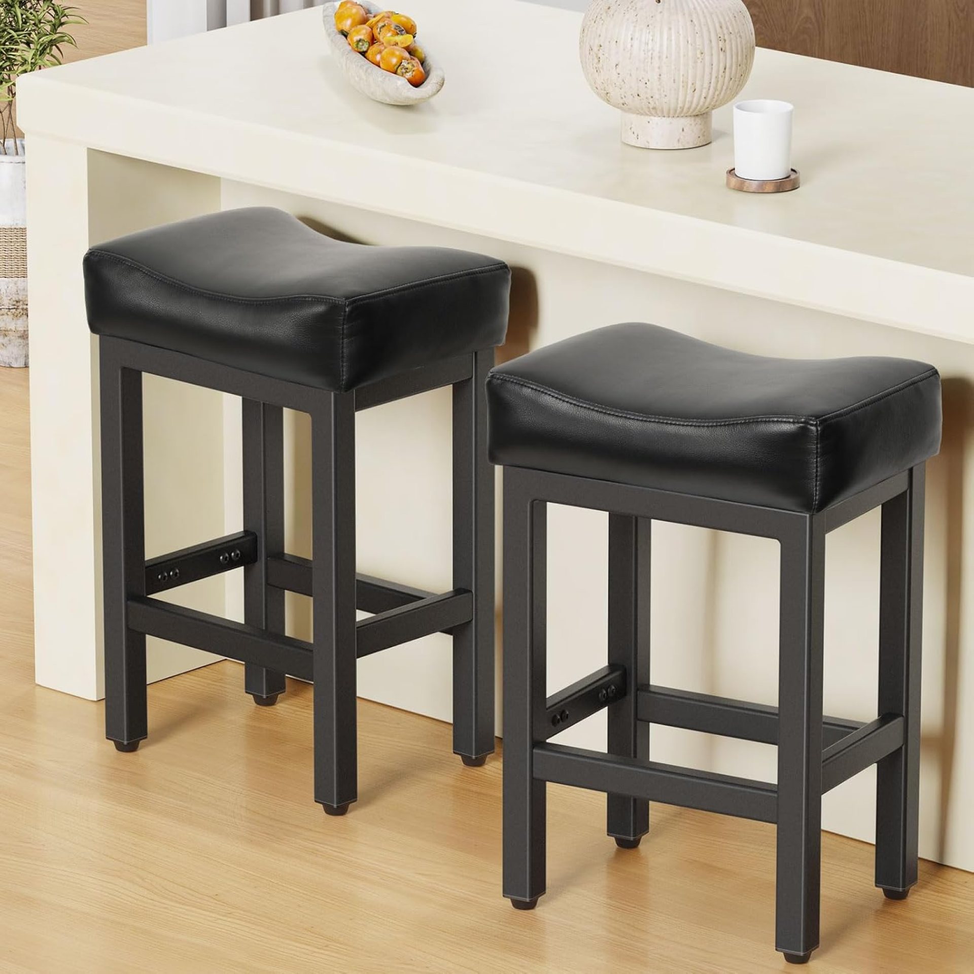 Counter Height Bar Stools Set of 2, 24 Inch Barstools for Kitchen Island Counter, Bonded Leather Kitchen Stools with Thick Saddle Seats & Heavy Duty Metal Base, Easy Assembly, All Black Counter Height Bar Stools Set of 2, 24 Inch Barstools for Kitchen Island Counter, Bonded Leather Kitchen Stools with Thick Saddle Seats & Heavy Duty Metal Base, Easy Assembly, All Black