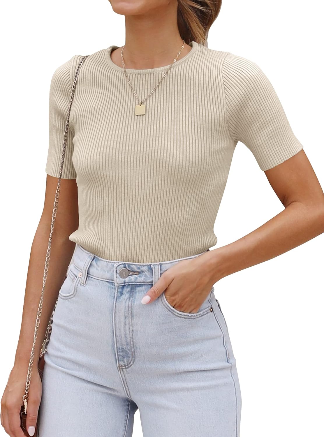 ZESICA Women’s Short Sleeve Crewneck T Shirt 2025 Summer Ribbed Knit Slim Fit Basic Solid Color Tee Tops ZESICA Women’s Short Sleeve Crewneck T Shirt 2025 Summer Ribbed Knit Slim Fit Basic Solid Color Tee Tops