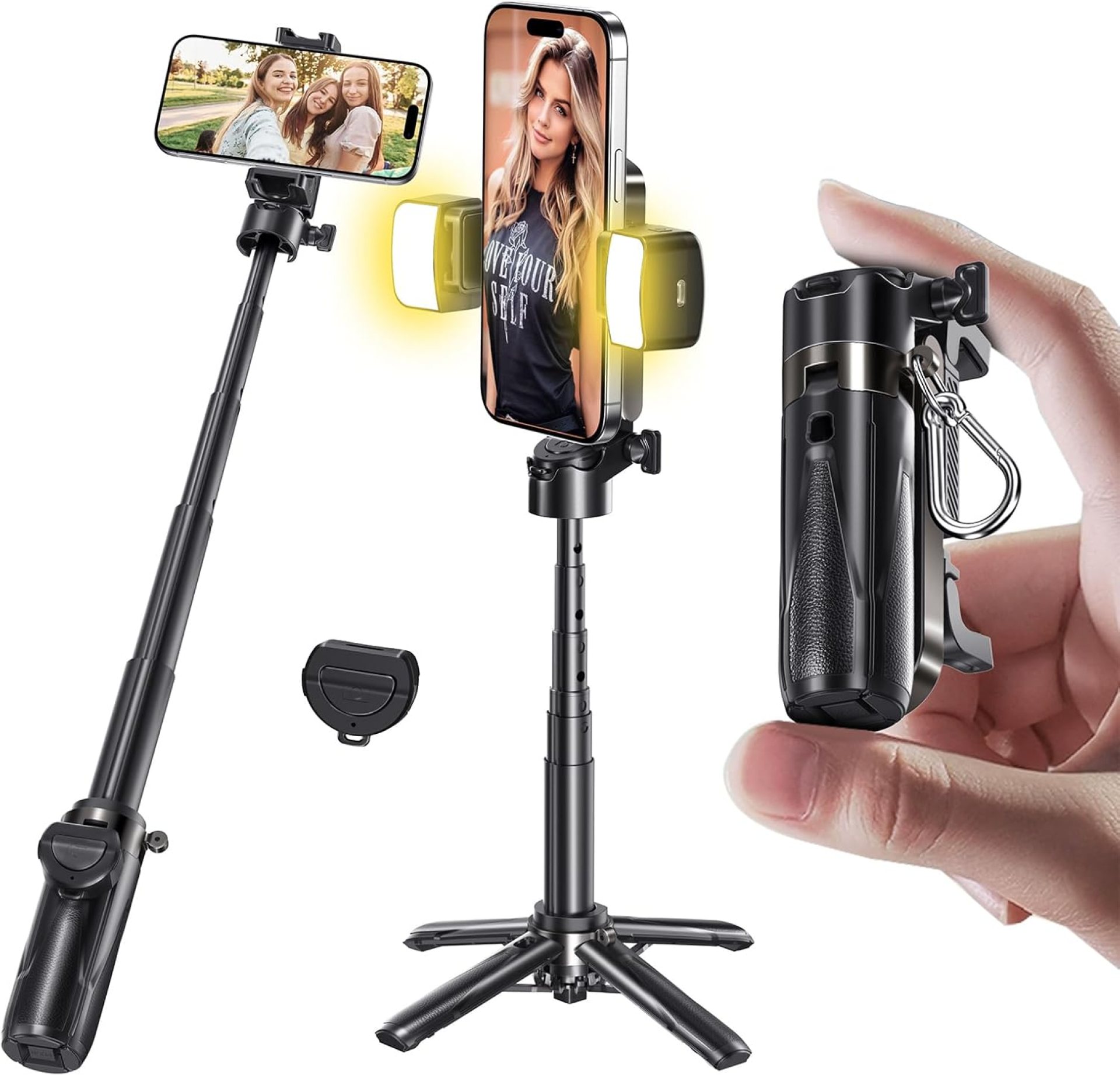 MAGIC JOHN Phone Tripod, Portable Selfie Stick, Pocket Size Selfie Stick for iphone, Selfie Stick with Wireless Detachable Remote Control & 2 Fill Light for Photograph, Live Streaming, Video Recording MAGIC JOHN Phone Tripod, Portable Selfie Stick, Pocket Size Selfie Stick for iphone, Selfie Stick with Wireless Detachable Remote Control & 2 Fill Light for Photograph, Live Streaming, Video Recording