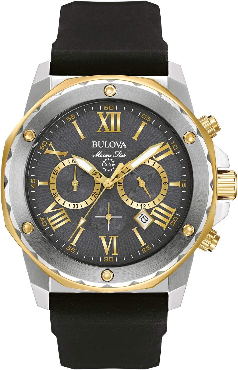 Bulova Men’s Marine Star Series A Two-Tone Gold Ion-Plated Stainless Steel 6-Hand Chronograph Quartz Watch, Black Silicone Strap, 44mm Style: 98B277 Bulova Men’s Marine Star Series A Two-Tone Gold Ion-Plated Stainless Steel 6-Hand Chronograph Quartz Watch, Black Silicone Strap, 44mm Style: 98B277