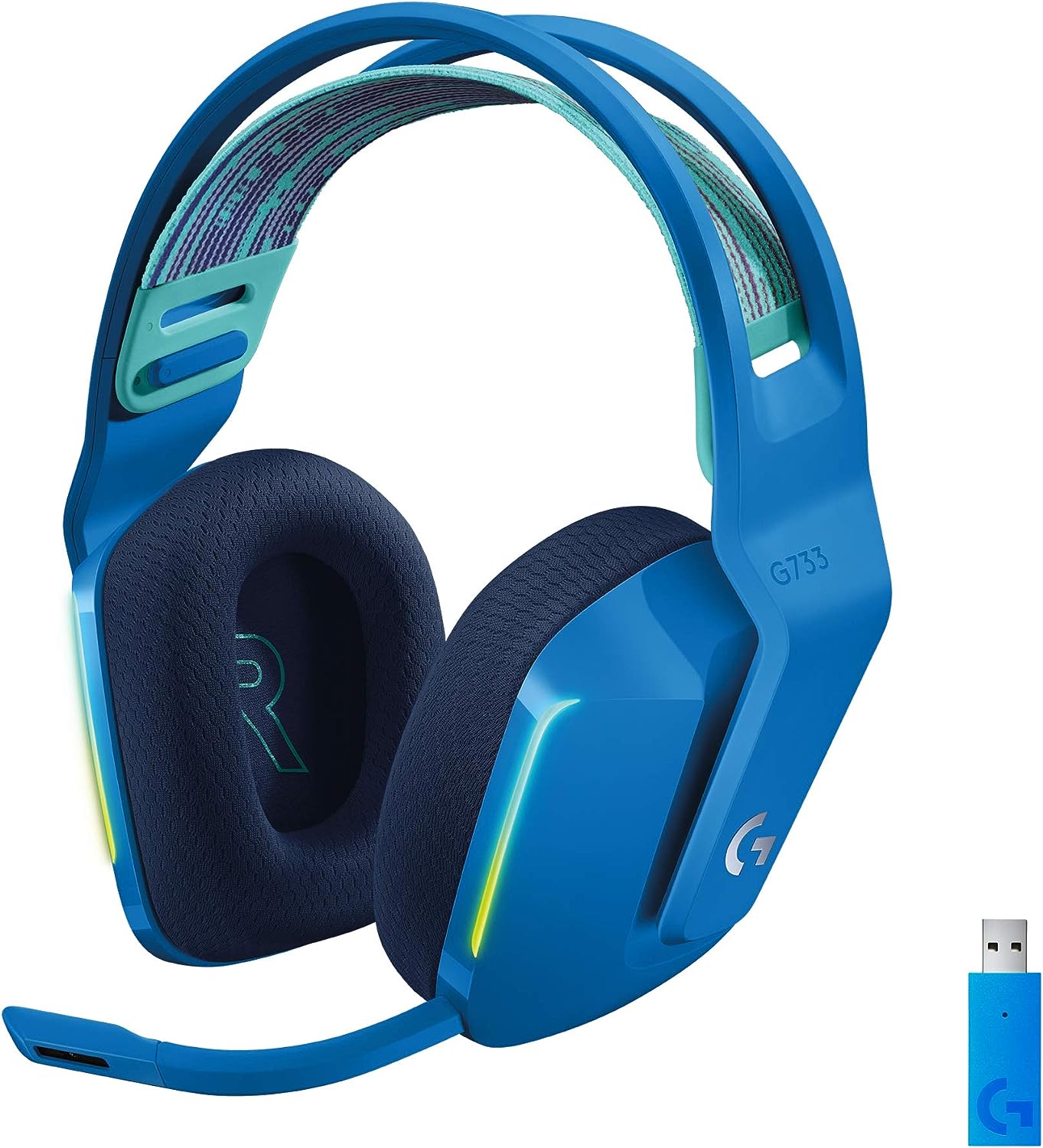 Logitech G733 LIGHTSPEED Wireless Gaming Headset with suspension headband, LIGHTSYNC RGB, Blue VO!CE mic technology and PRO-G audio drivers – Blue Logitech G733 LIGHTSPEED Wireless Gaming Headset with suspension headband, LIGHTSYNC RGB, Blue VO!CE mic technology and PRO-G audio drivers – Blue