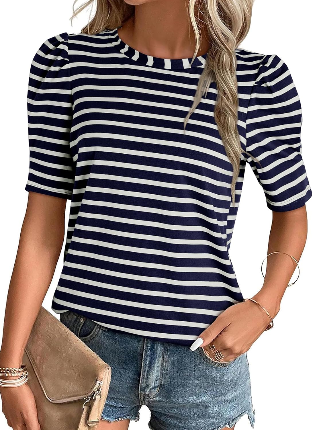 Dokotoo Women’s Casual Short Puff Sleeve Crew Neck Striped T Shirts Summer Tops Dokotoo Women’s Casual Short Puff Sleeve Crew Neck Striped T Shirts Summer Tops