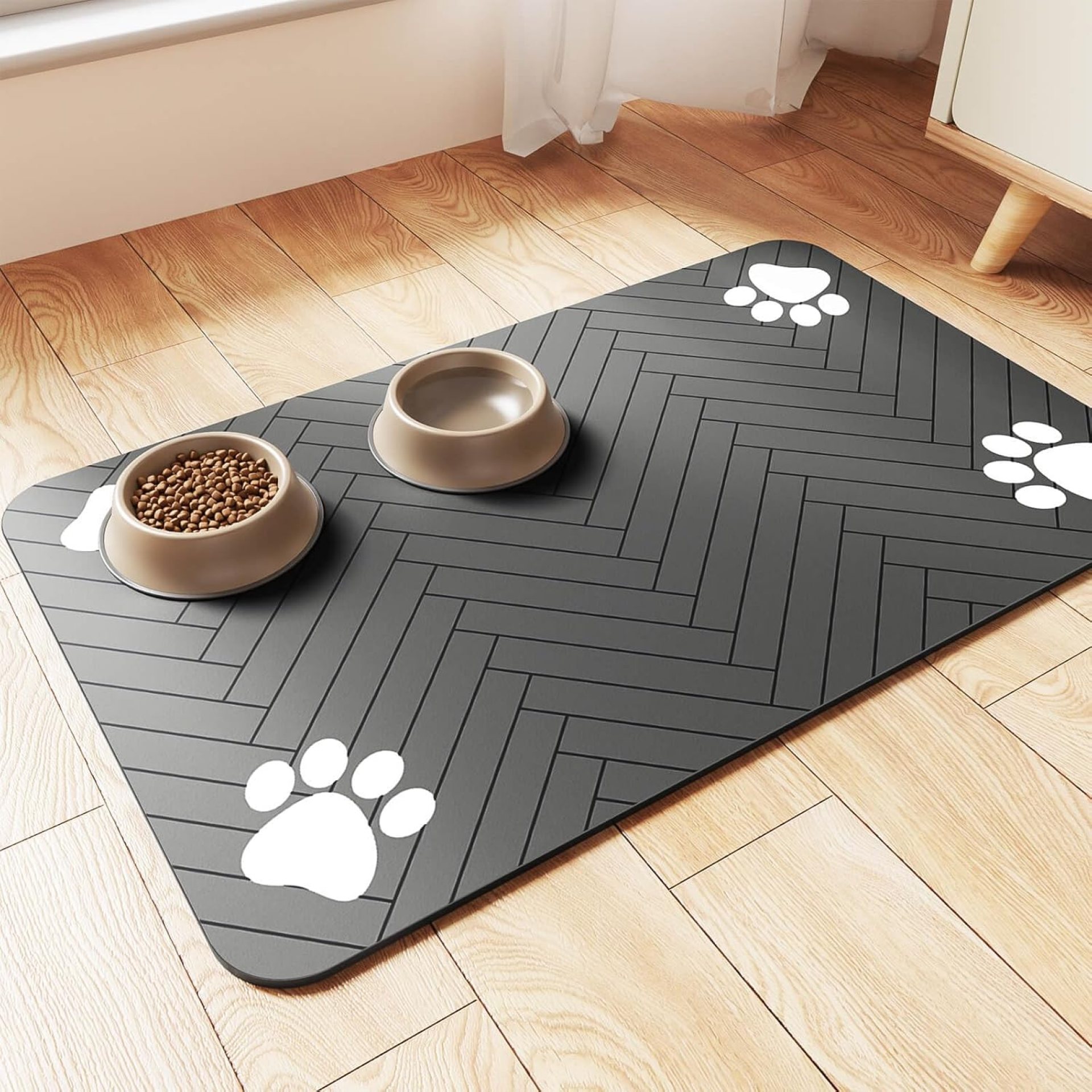 Pet Feeding Mat-Absorbent Pet Placemat for Food and Water Bowl, with Waterproof Rubber Backing, Quick Dry Water Dispenser Mat for Dog and Cat (12″x20″, Striped Dark Gray) Pet Feeding Mat-Absorbent Pet Placemat for Food and Water Bowl, with Waterproof Rubber Backing, Quick Dry Water Dispenser Mat for Dog and Cat (12″x20″, Striped Dark Gray)