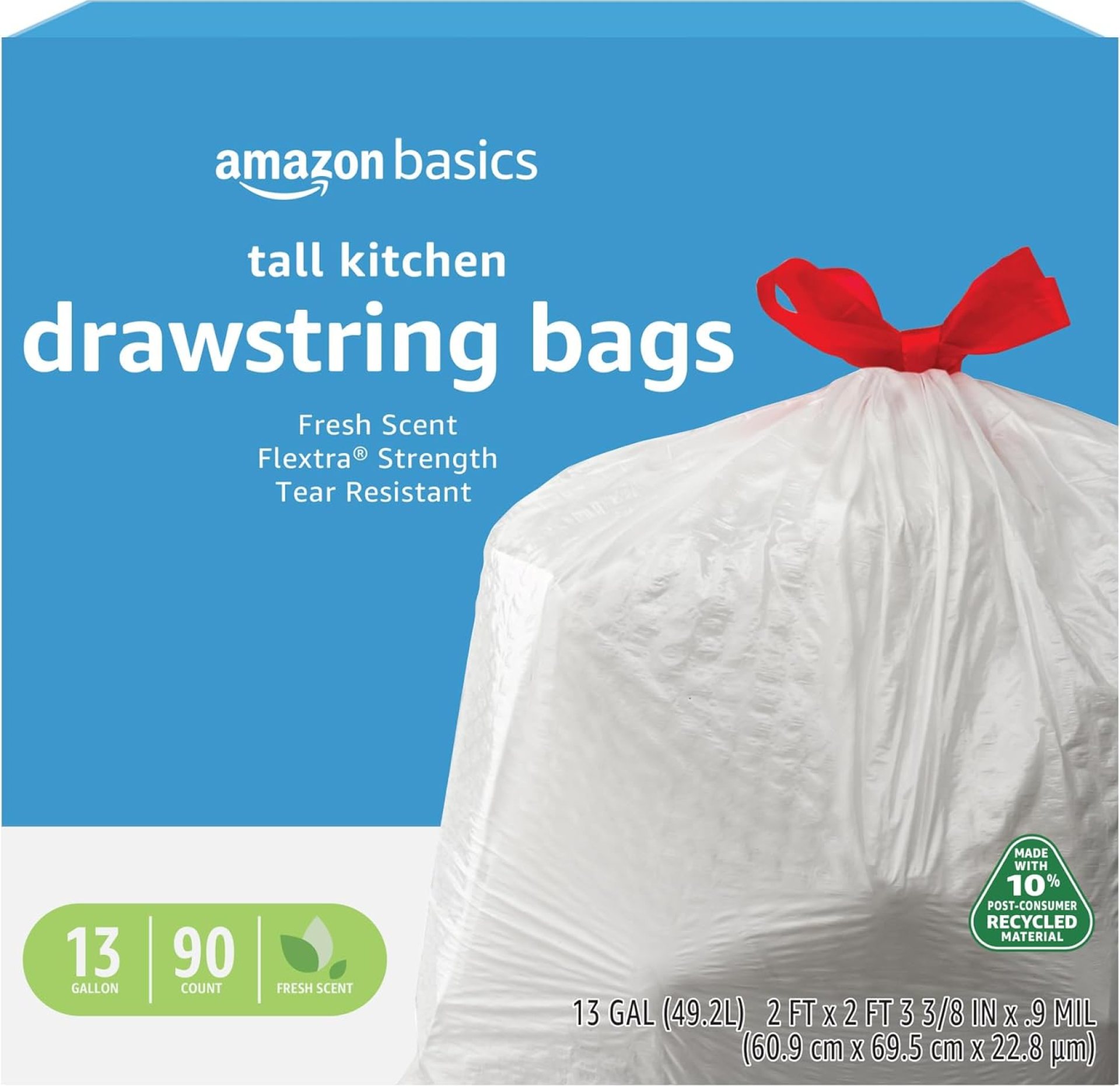 Amazon Basics 13 Gallon Flextra Strength Tall Kitchen Drawstring Trash Bags, Tear Resistant, 10% Post Consumer Recycled, 90 Count Amazon Basics 13 Gallon Flextra Strength Tall Kitchen Drawstring Trash Bags, Tear Resistant, 10% Post Consumer Recycled, 90 Count