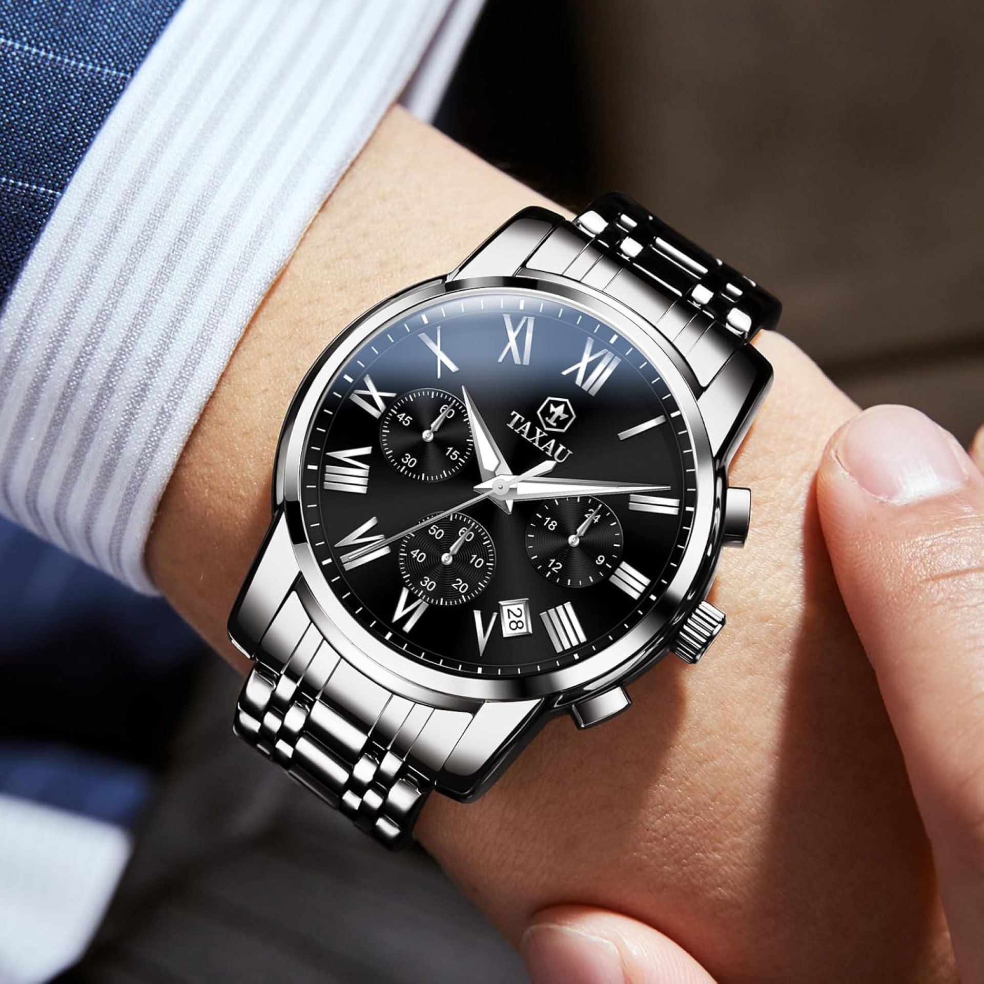 Men’s Stainless Steel Watches, Silver Gold Chronograph Big Face Easy to Read Watch for Men Date, Classic Analog Quartz Roman Numeral Men Dress Watch, Waterproof Luminous Casual Men Watch Men’s Stainless Steel Watches, Silver Gold Chronograph Big Face Easy to Read Watch for Men Date, Classic Analog Quartz Roman Numeral Men Dress Watch, Waterproof Luminous Casual Men Watch