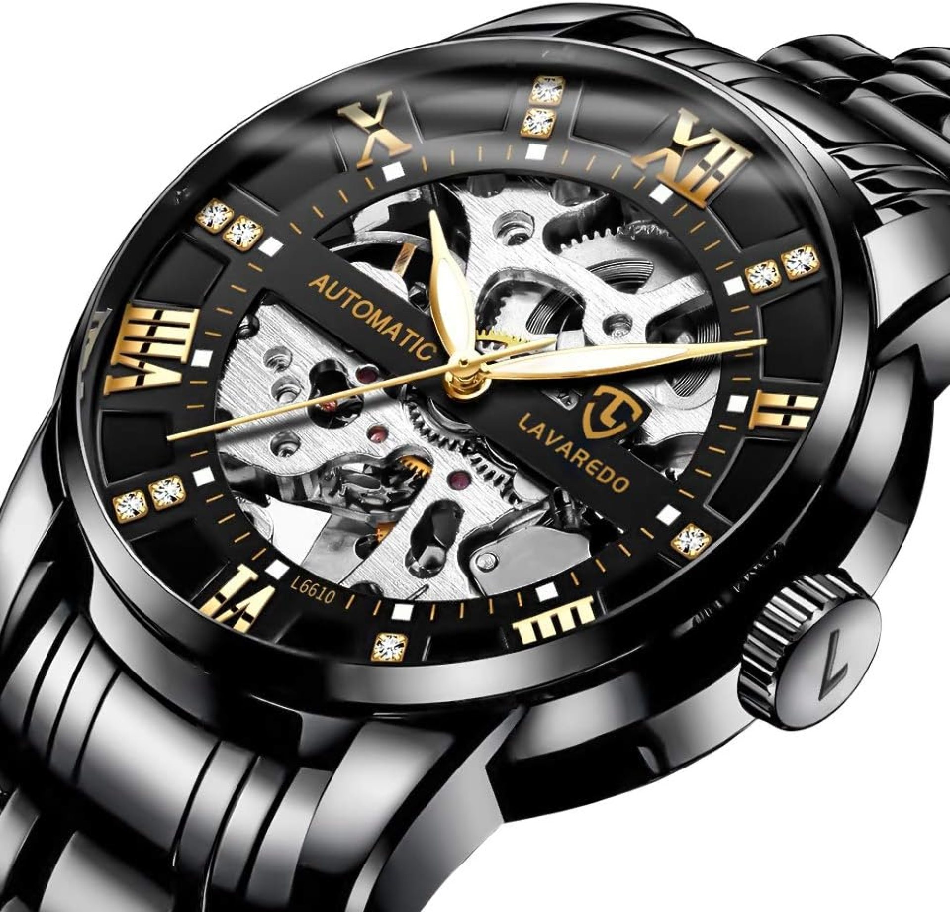 A ALPS Mens Watch Skeleton Luxury Mechanical Stainless Steel Waterproof Black Automatic Self-Winding Roman Numerals Diamond Dial Wrist Watch A ALPS Mens Watch Skeleton Luxury Mechanical Stainless Steel Waterproof Black Automatic Self-Winding Roman Numerals Diamond Dial Wrist Watch